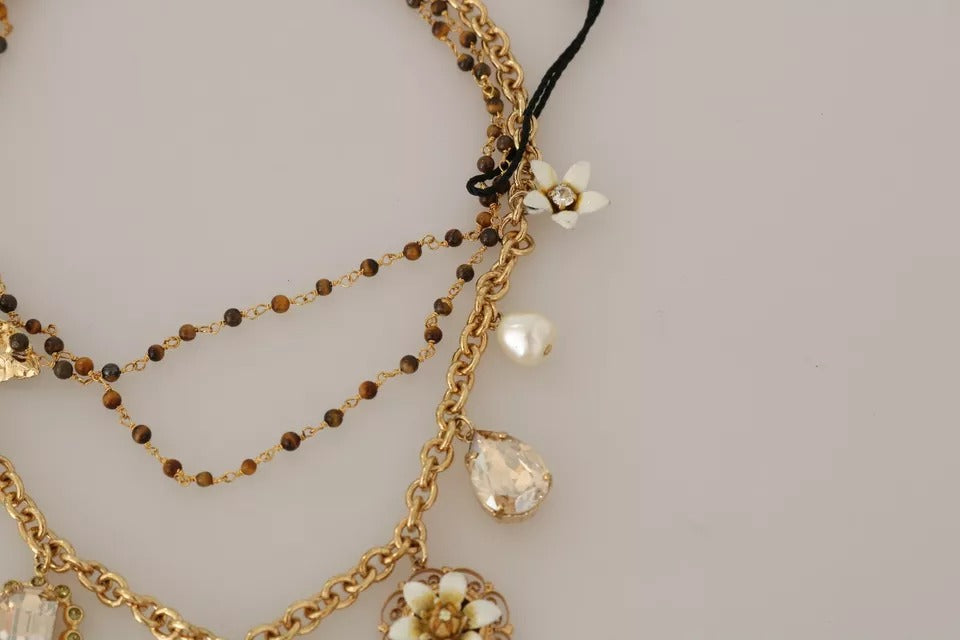 Dolce &amp; Gabbana – Statement-Halskette mit Blumenanhängern aus goldenem Messing mit Kristallen