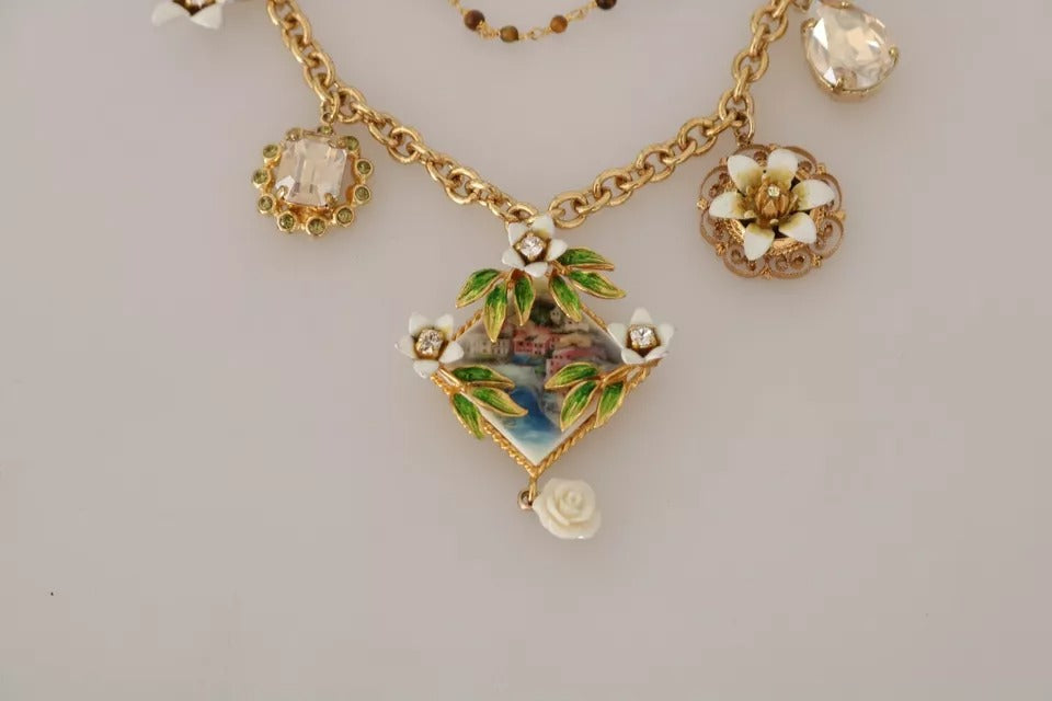 Dolce &amp; Gabbana – Statement-Halskette mit Blumenanhängern aus goldenem Messing mit Kristallen