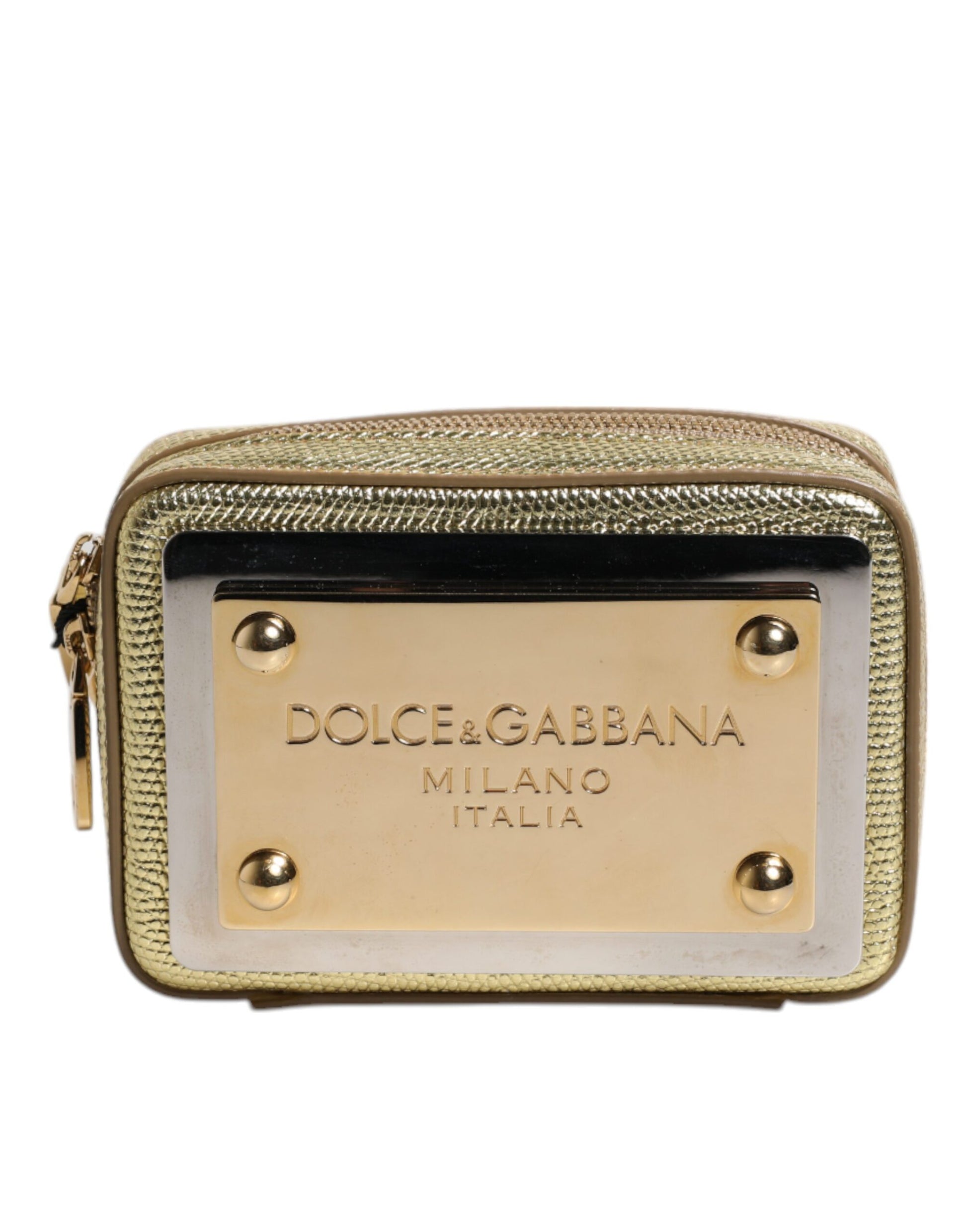 Dolce &amp; Gabbana Clutch aus goldenem Leder mit DG-Logo-Schild und Rundum-Reißverschluss
