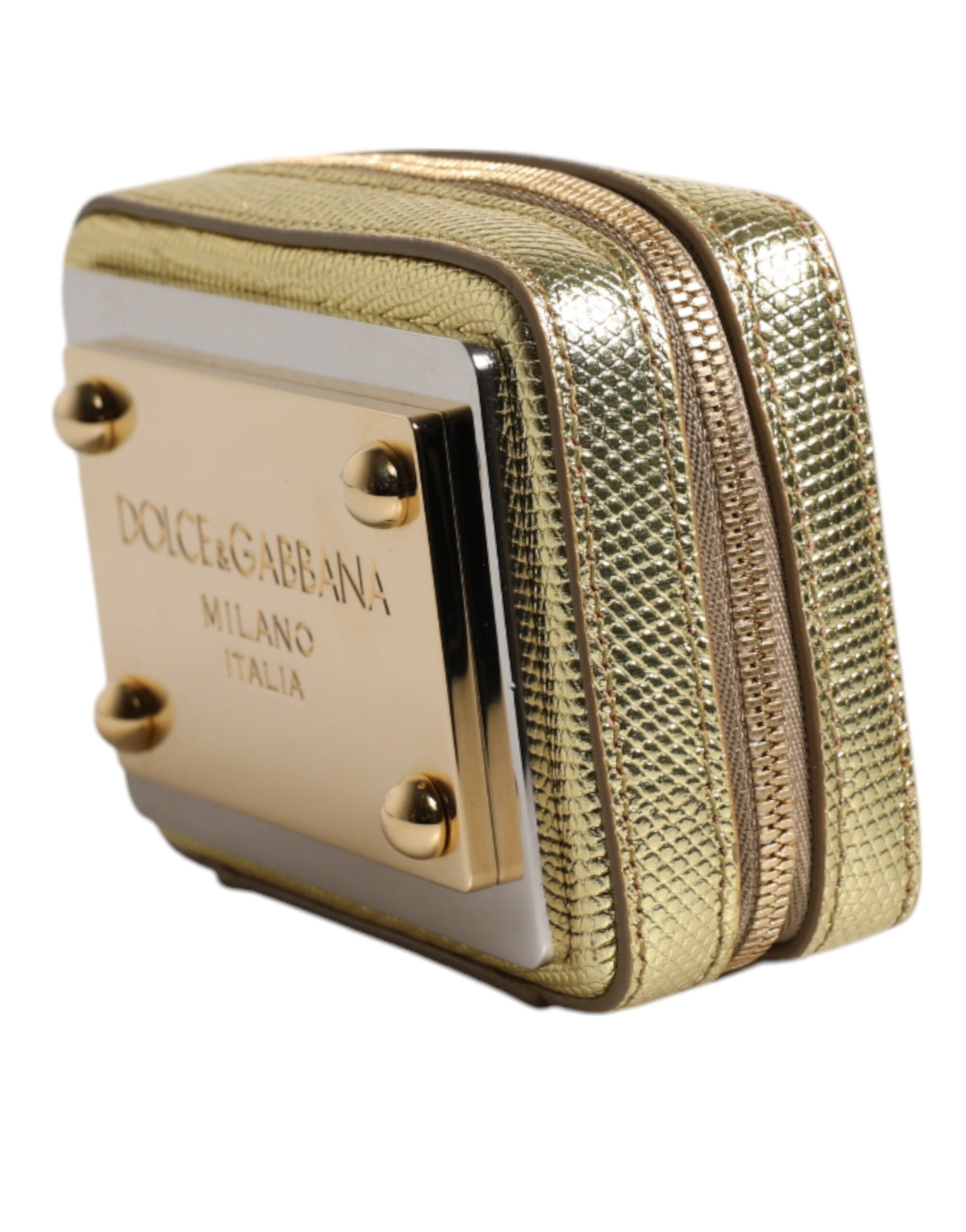 Dolce &amp; Gabbana Clutch aus goldenem Leder mit DG-Logo-Schild und Rundum-Reißverschluss