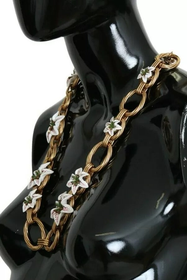 Dolce &amp; Gabbana Halskette mit übergroßer Kette und Lilienblumen aus goldenem Messing