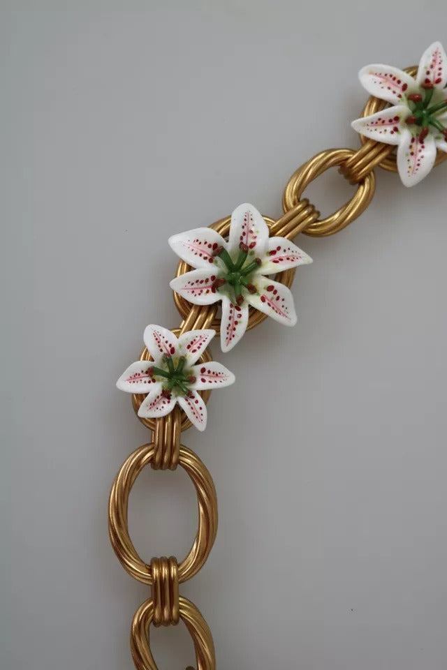 Dolce &amp; Gabbana Halskette mit übergroßer Kette und Lilienblumen aus goldenem Messing
