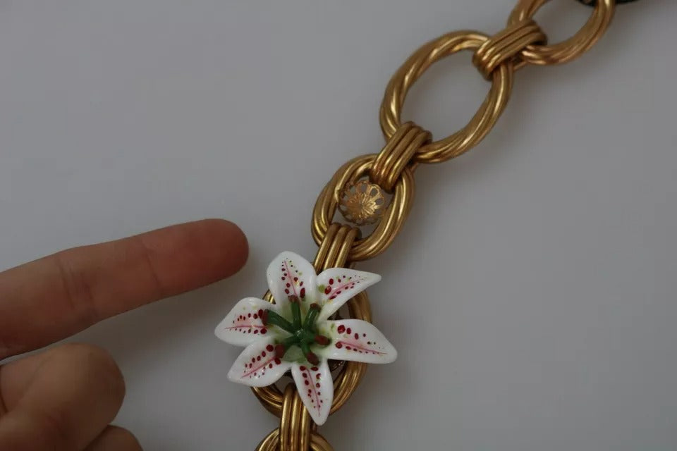 Dolce &amp; Gabbana Halskette mit übergroßer Kette und Lilienblumen aus goldenem Messing