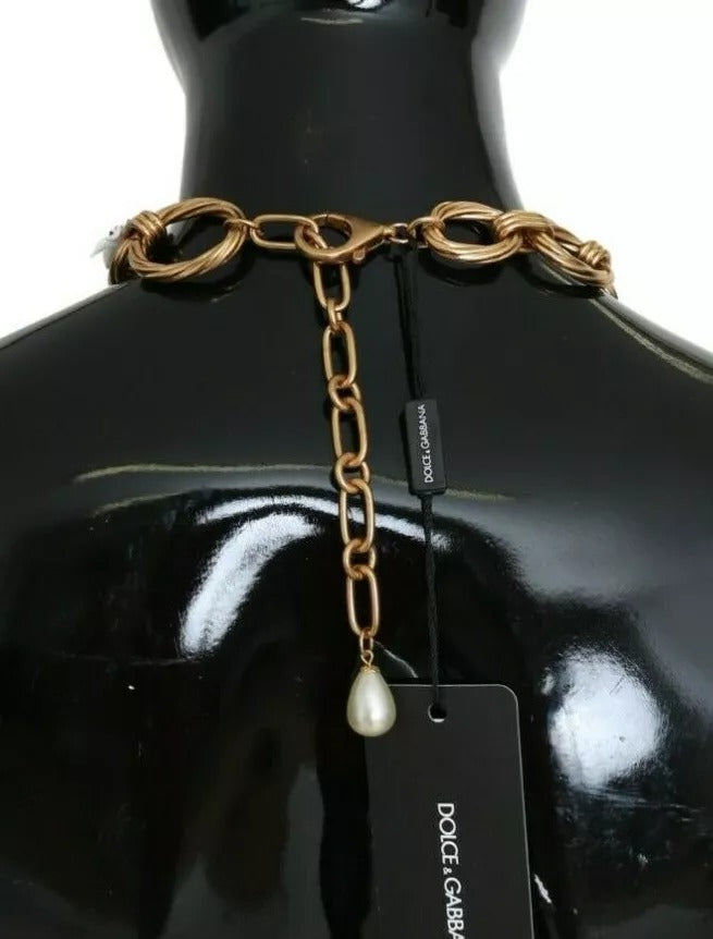 Dolce &amp; Gabbana Halskette mit übergroßer Kette und Lilienblumen aus goldenem Messing