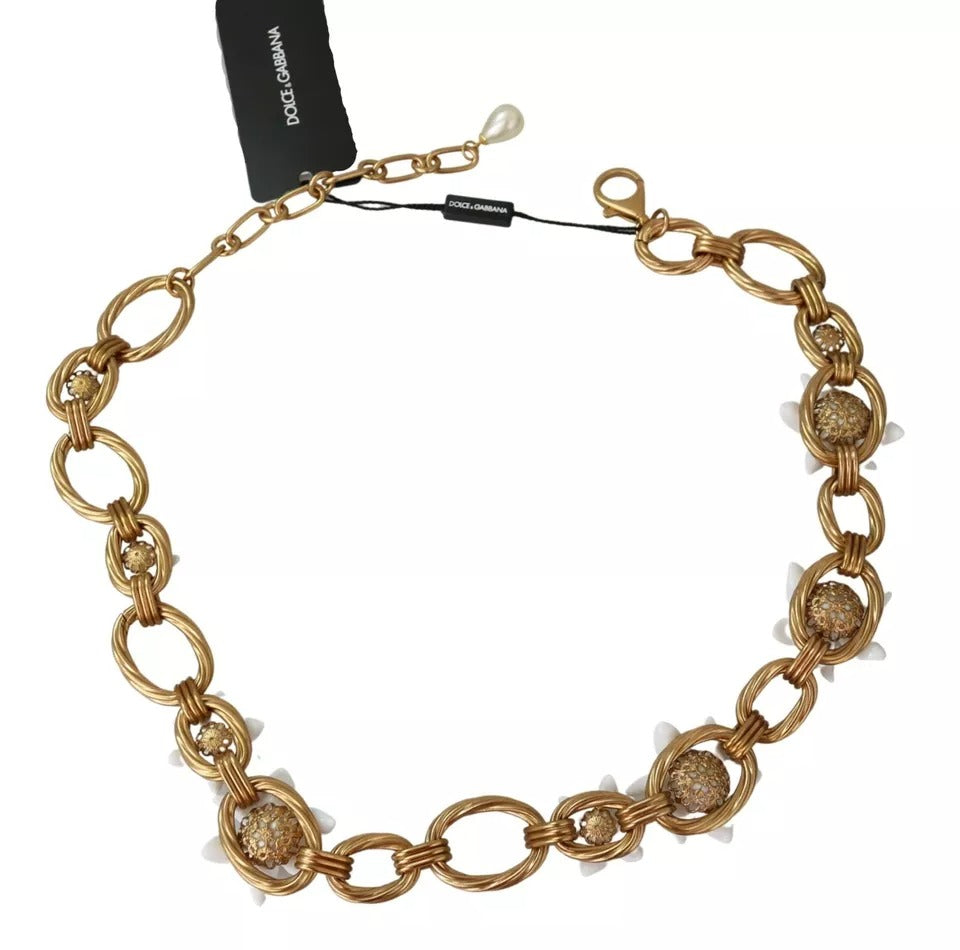 Dolce &amp; Gabbana Halskette mit übergroßer Kette und Lilienblumen aus goldenem Messing