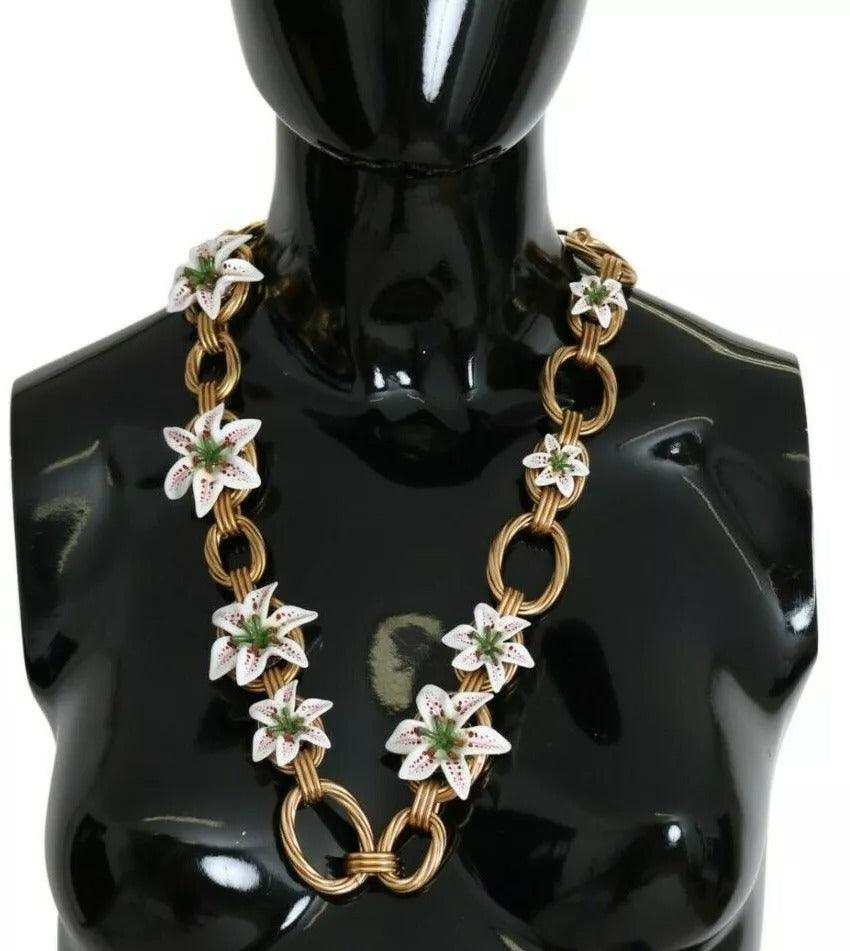 Dolce &amp; Gabbana Halskette mit übergroßer Kette und Lilienblumen aus goldenem Messing