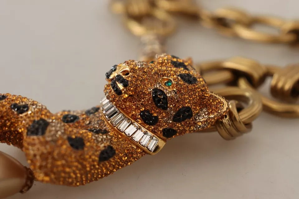 Dolce &amp; Gabbana Halskette mit Leoparden-Anhänger und Kette aus goldenem Messing mit Kristallperlen