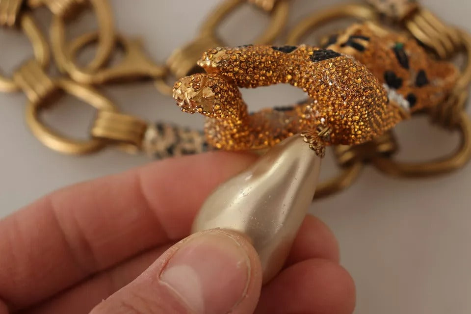 Dolce &amp; Gabbana Halskette mit Leoparden-Anhänger und Kette aus goldenem Messing mit Kristallperlen