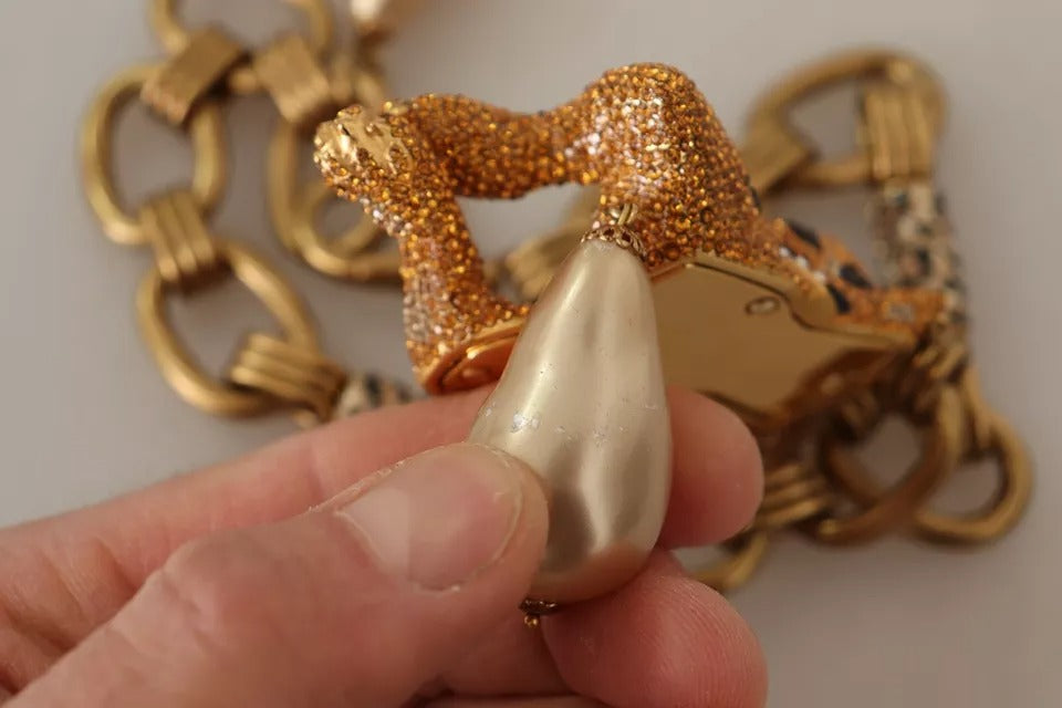 Dolce &amp; Gabbana Halskette mit Leoparden-Anhänger und Kette aus goldenem Messing mit Kristallperlen