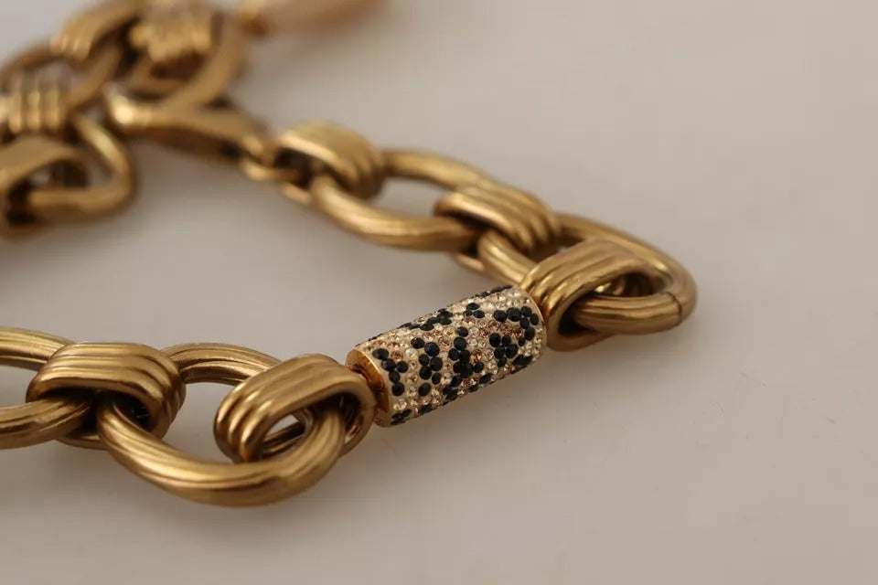 Dolce &amp; Gabbana Halskette mit Leoparden-Anhänger und Kette aus goldenem Messing mit Kristallperlen