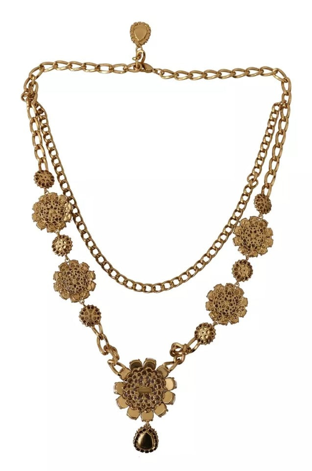 Dolce &amp; Gabbana – Goldfarbene Halskette mit floralen Kristallen und lila Verzierung