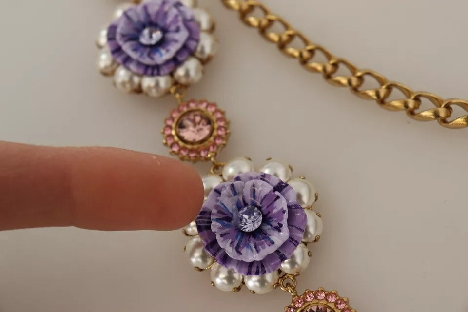 Dolce &amp; Gabbana – Goldfarbene Halskette mit floralen Kristallen und lila Verzierung