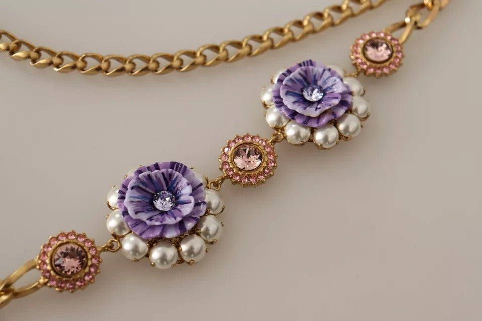 Dolce &amp; Gabbana – Goldfarbene Halskette mit floralen Kristallen und lila Verzierung