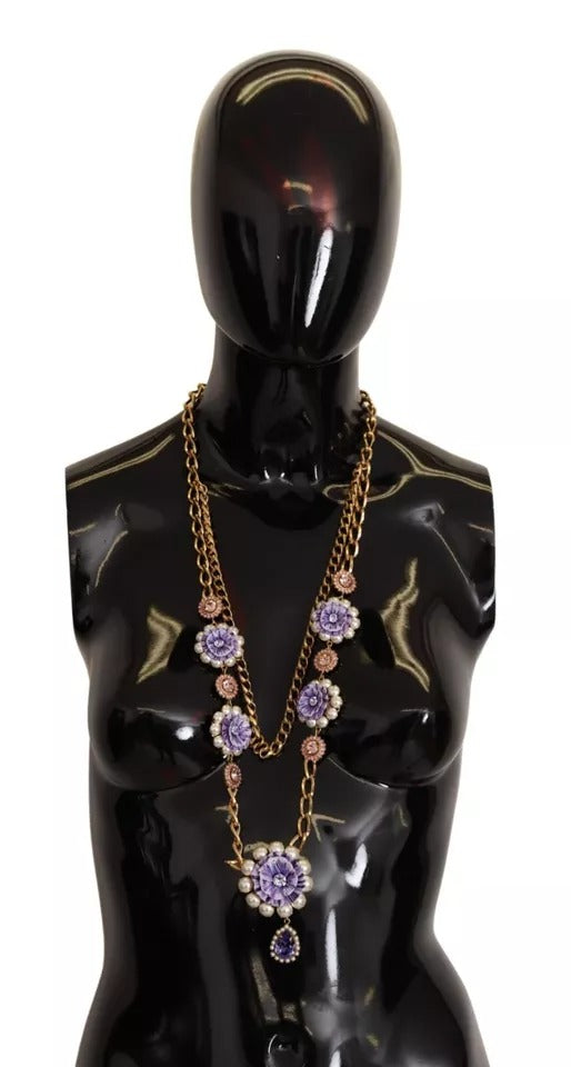 Dolce &amp; Gabbana – Goldfarbene Halskette mit floralen Kristallen und lila Verzierung