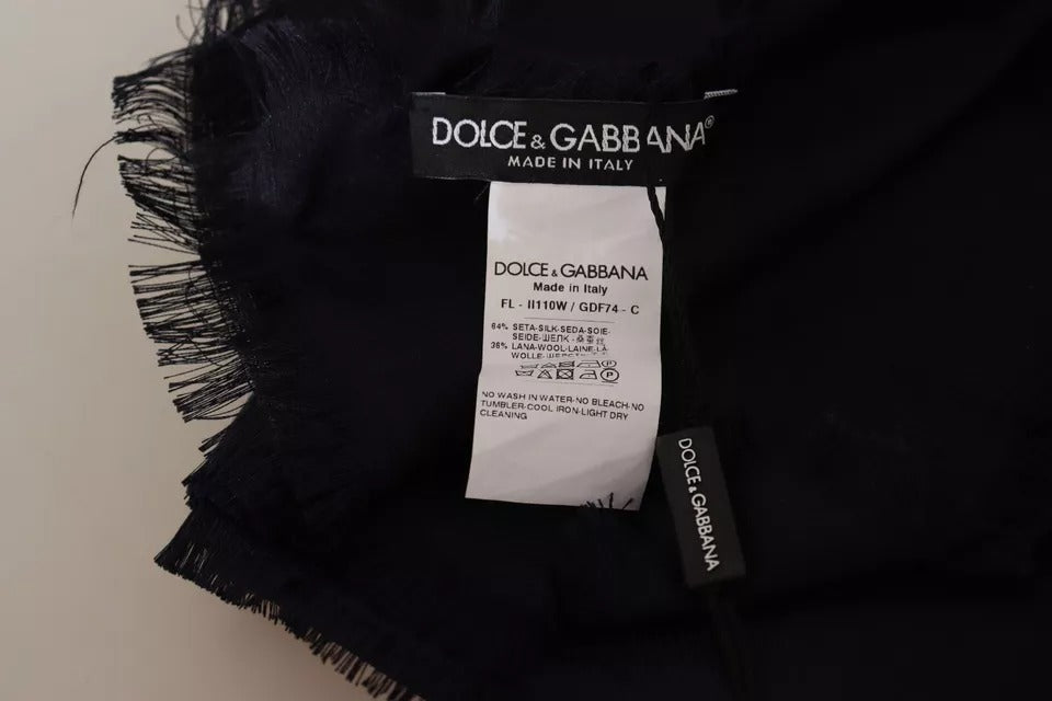 Dolce &amp; Gabbana – Schwarzer Wickelschal aus massiver Seide und Wolle mit Fransen