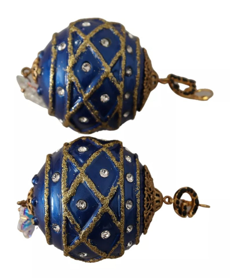 Dolce &amp; Gabbana Gold Messing Blau Weihnachtskugel Kristall Haken Schmuck Ohrringe