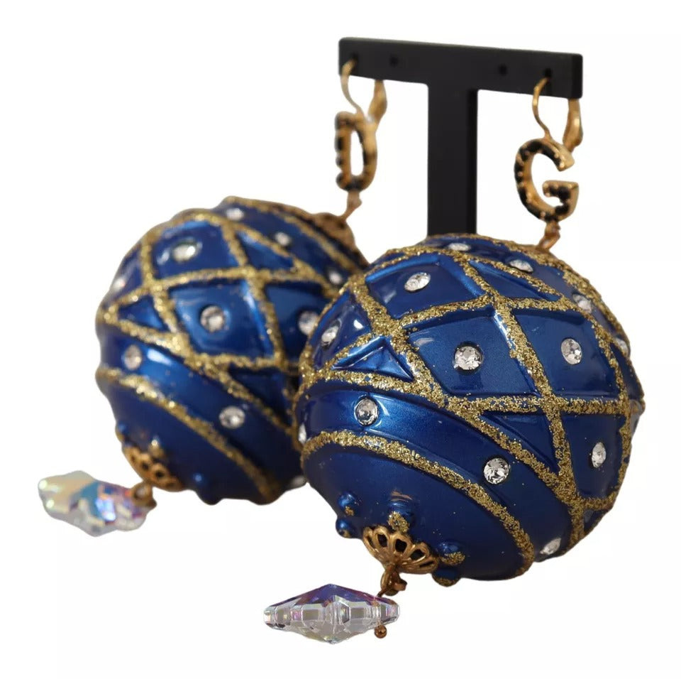 Dolce &amp; Gabbana Gold Messing Blau Weihnachtskugel Kristall Haken Schmuck Ohrringe
