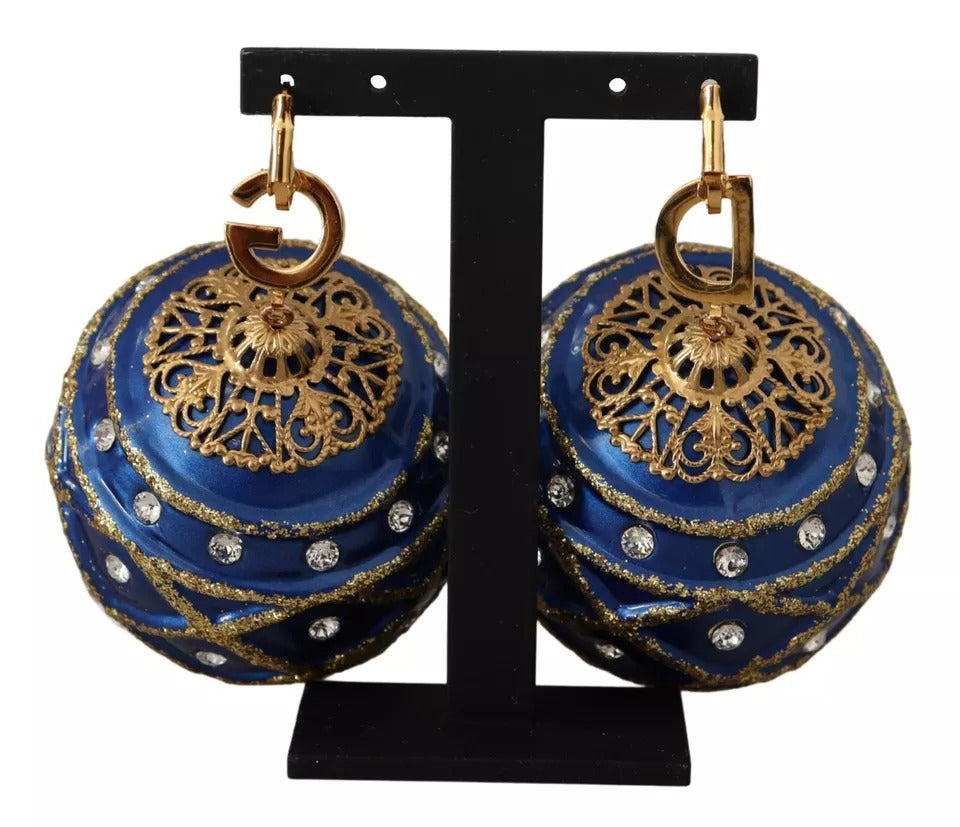 Dolce &amp; Gabbana Gold Messing Blau Weihnachtskugel Kristall Haken Schmuck Ohrringe