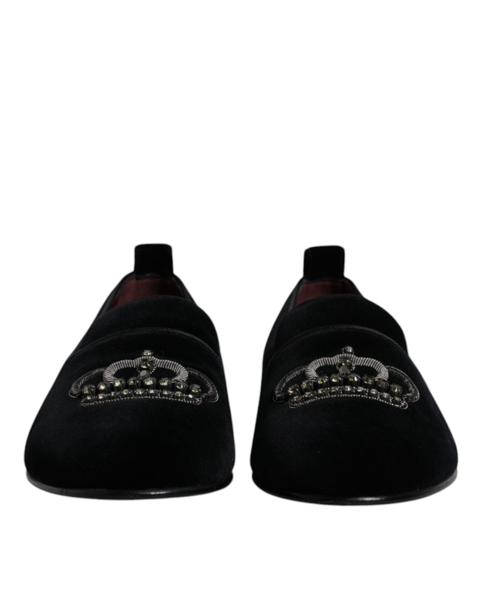 Dolce &amp; Gabbana – Schwarze Loafer aus Samt mit Kristallkrone und formeller Kleidung