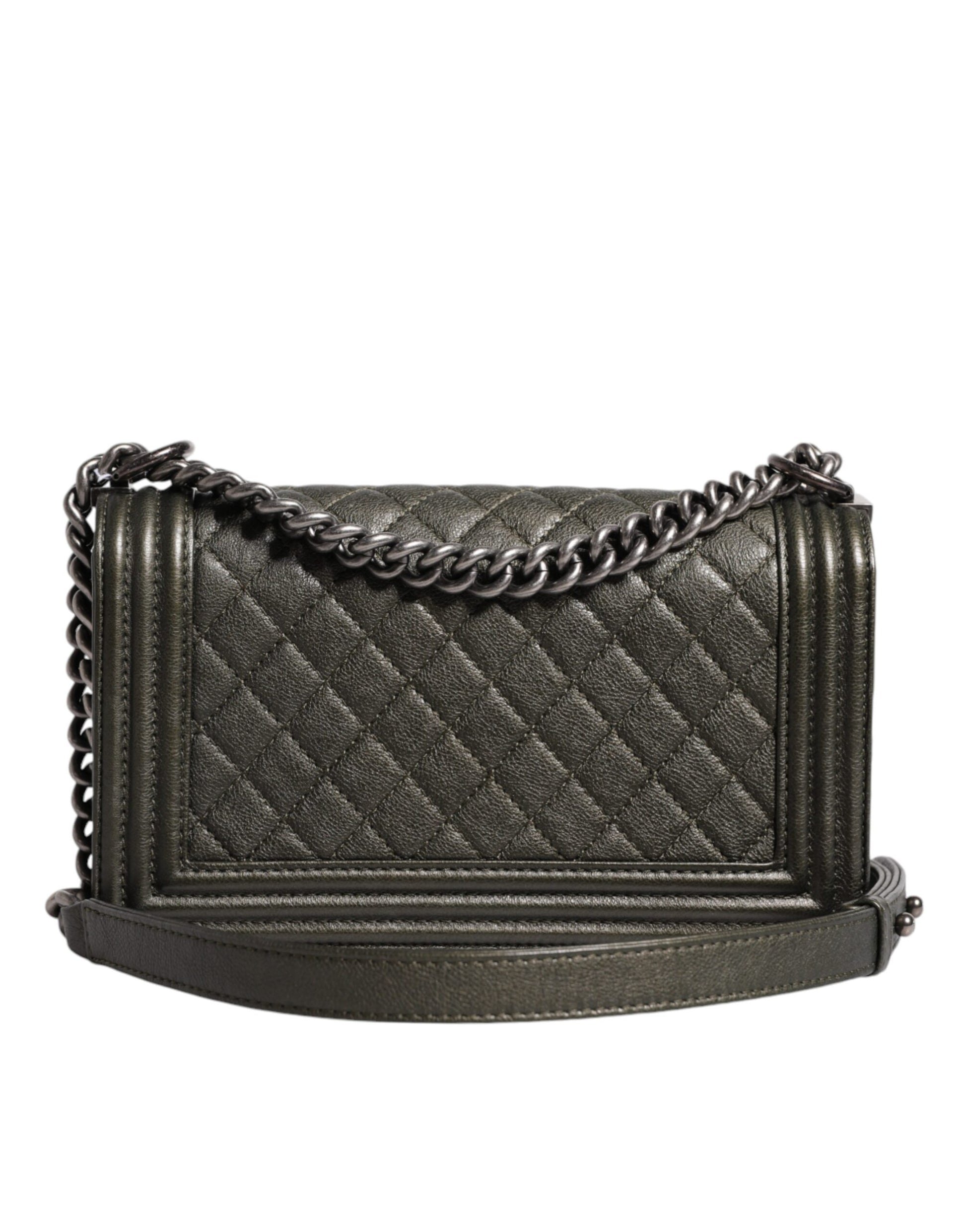 Chanel Dunkelgrüne Leder-Umhängetasche Graue Metall-Handtasche