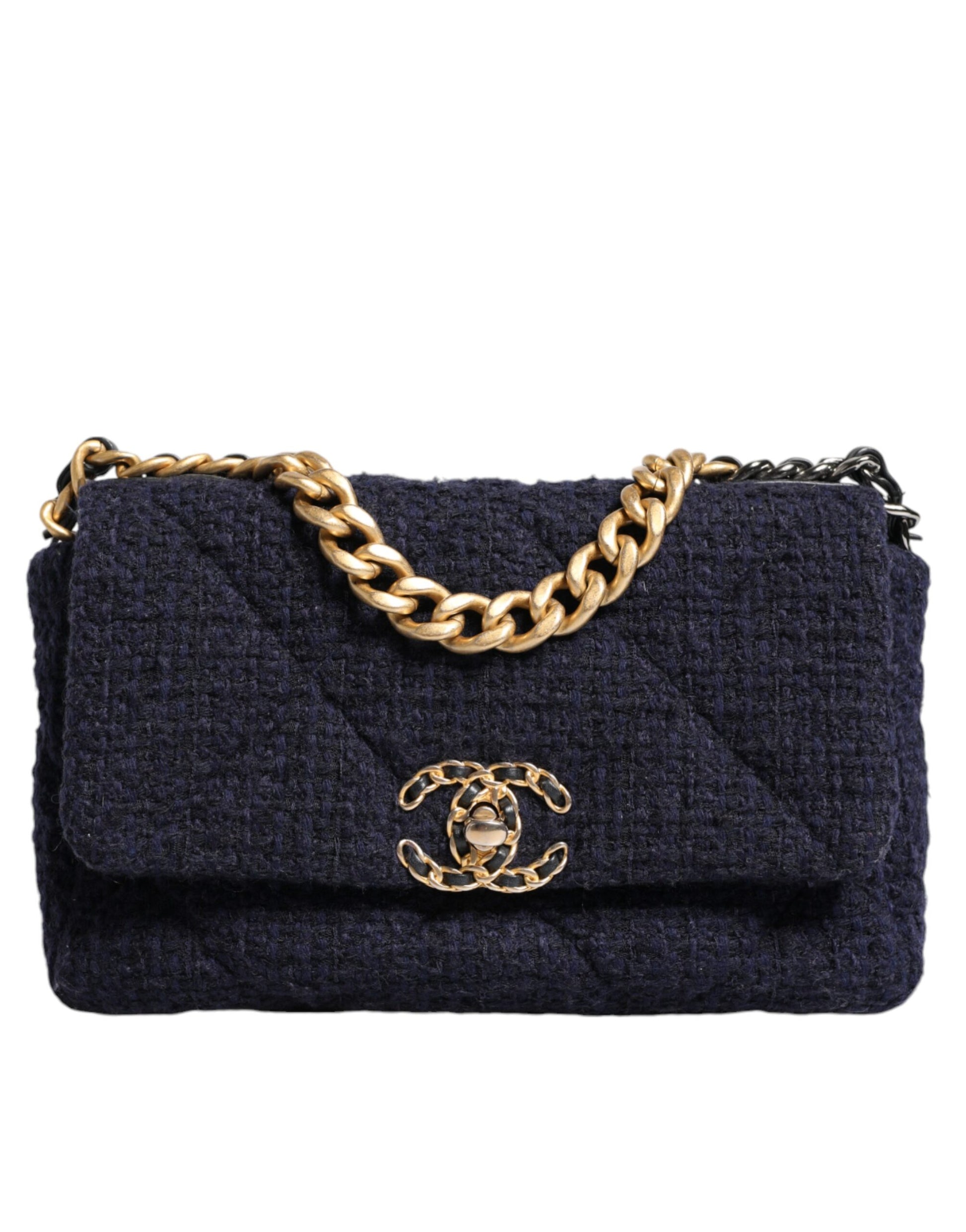 Chanel Dunkelblaue CC-Umhängetasche aus Tweed mit mittlerer Klappe und goldgrauer Kette