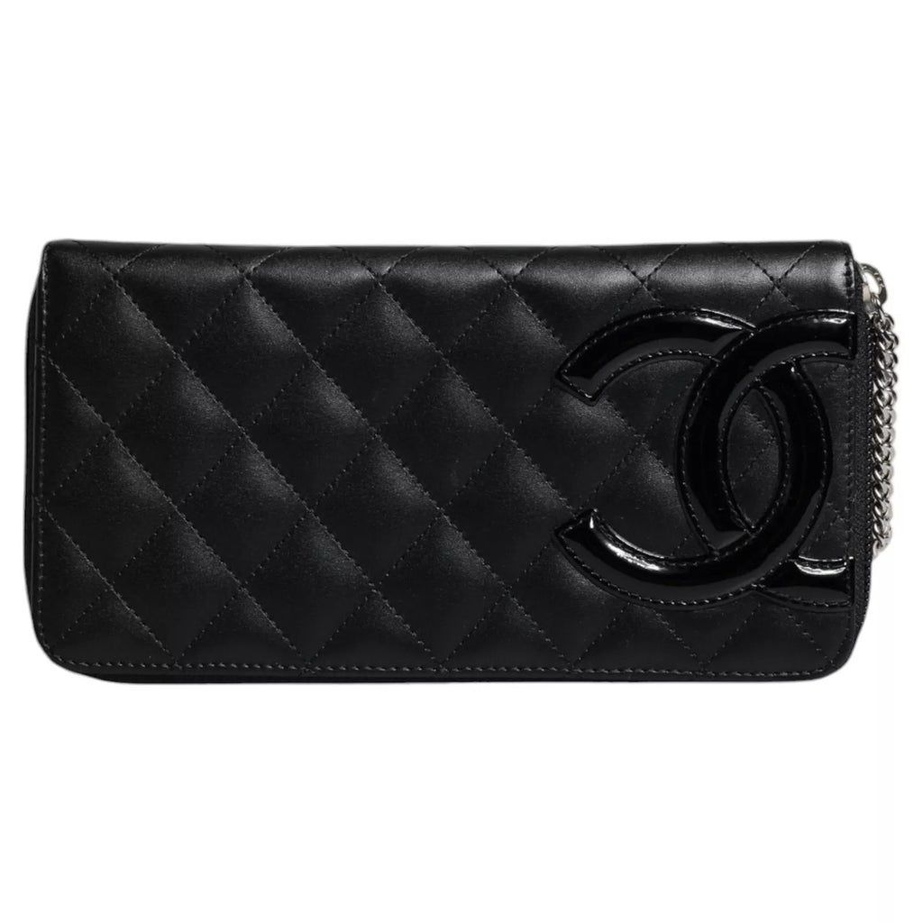 Chanel – Schwarzes gestepptes Leder-Logo mit CC-Kontinental-Reißverschluss