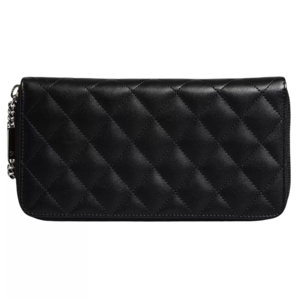 Chanel – Schwarzes gestepptes Leder-Logo mit CC-Kontinental-Reißverschluss