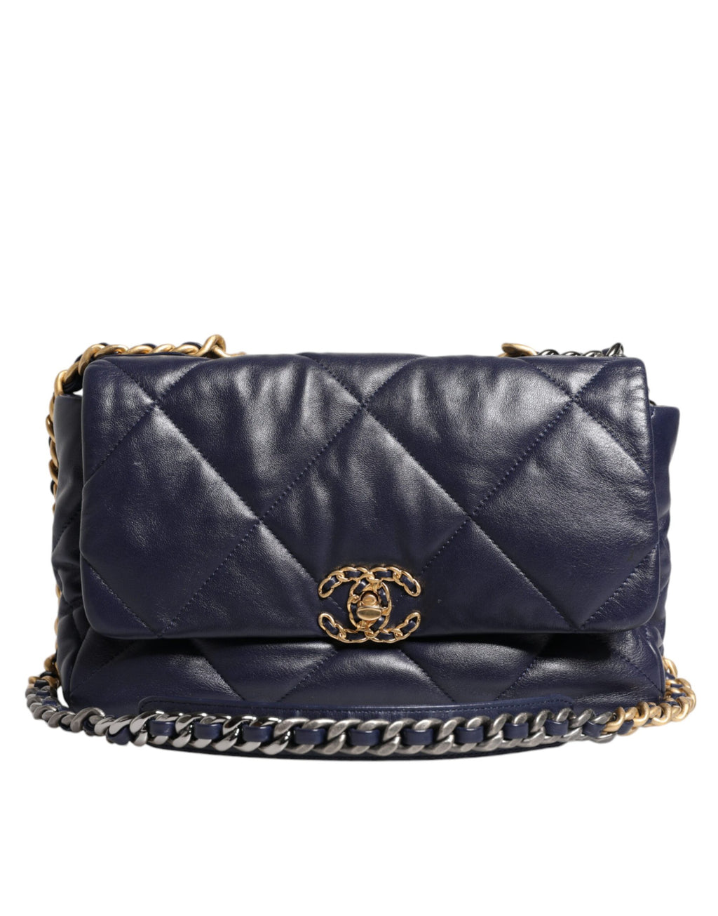 Chanel – Große, gesteppte Umhängetasche aus blauem Leder mit Kette