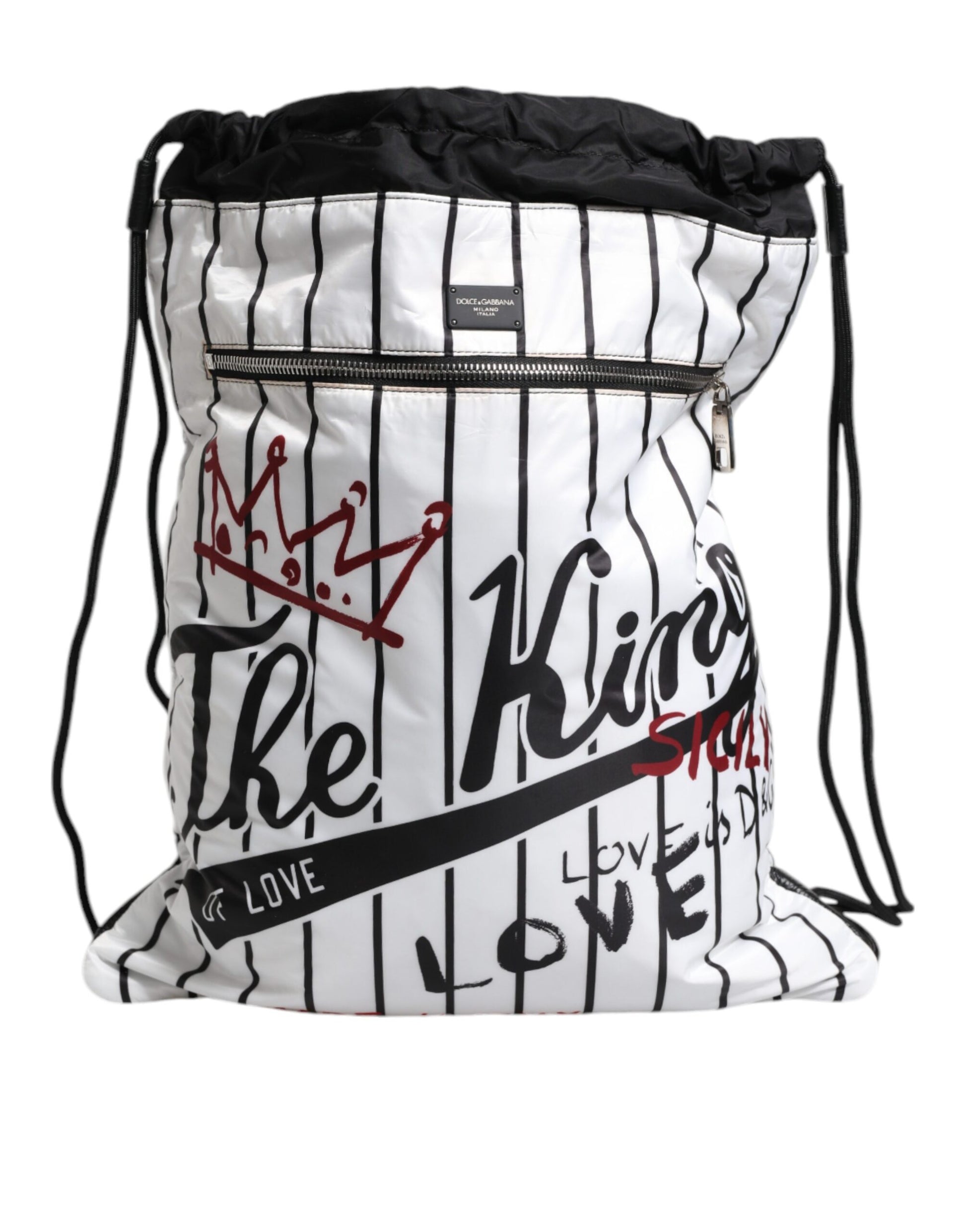 Dolce &amp; Gabbana – Schwarz-weiß gestreifte Polyester-Kordelzugtasche