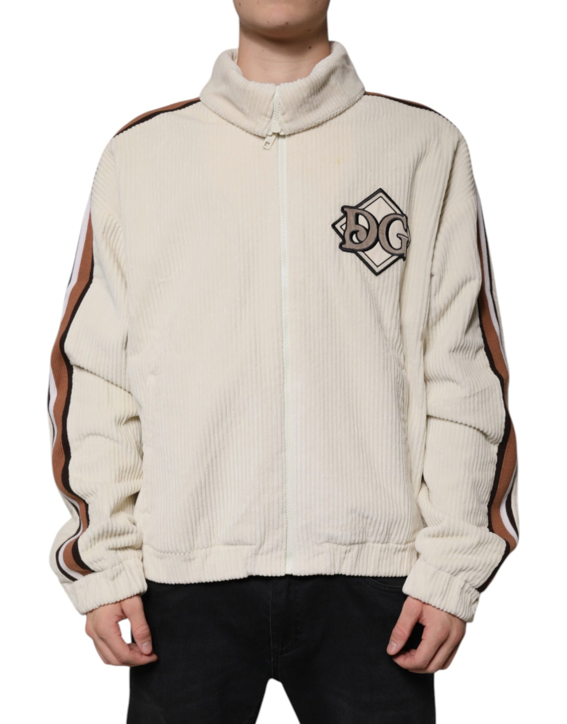 Dolce &amp; Gabbana Beige Baumwollcordjacke mit durchgehendem Reißverschluss und Logo-Applikation