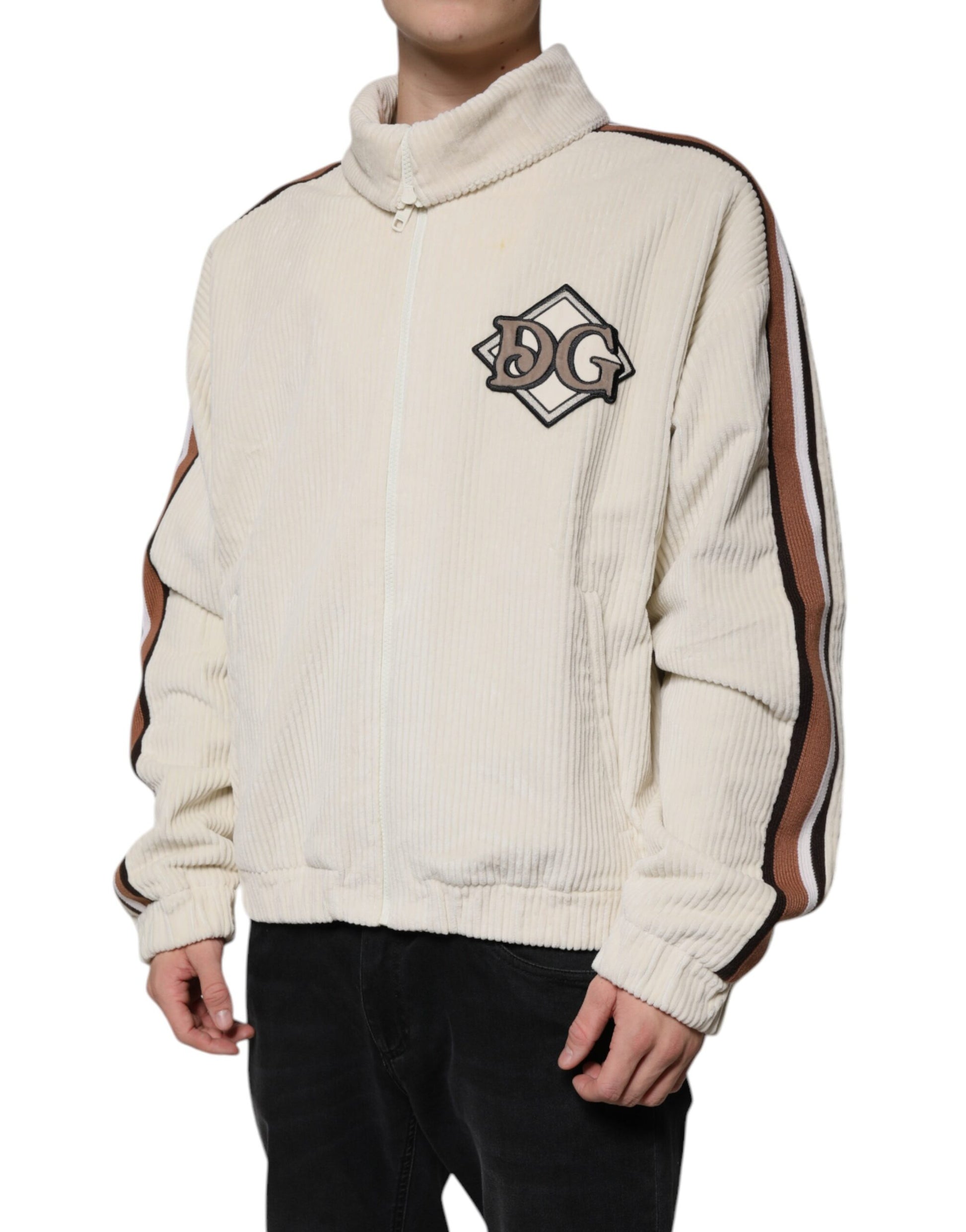 Dolce &amp; Gabbana Beige Baumwollcordjacke mit durchgehendem Reißverschluss und Logo-Applikation