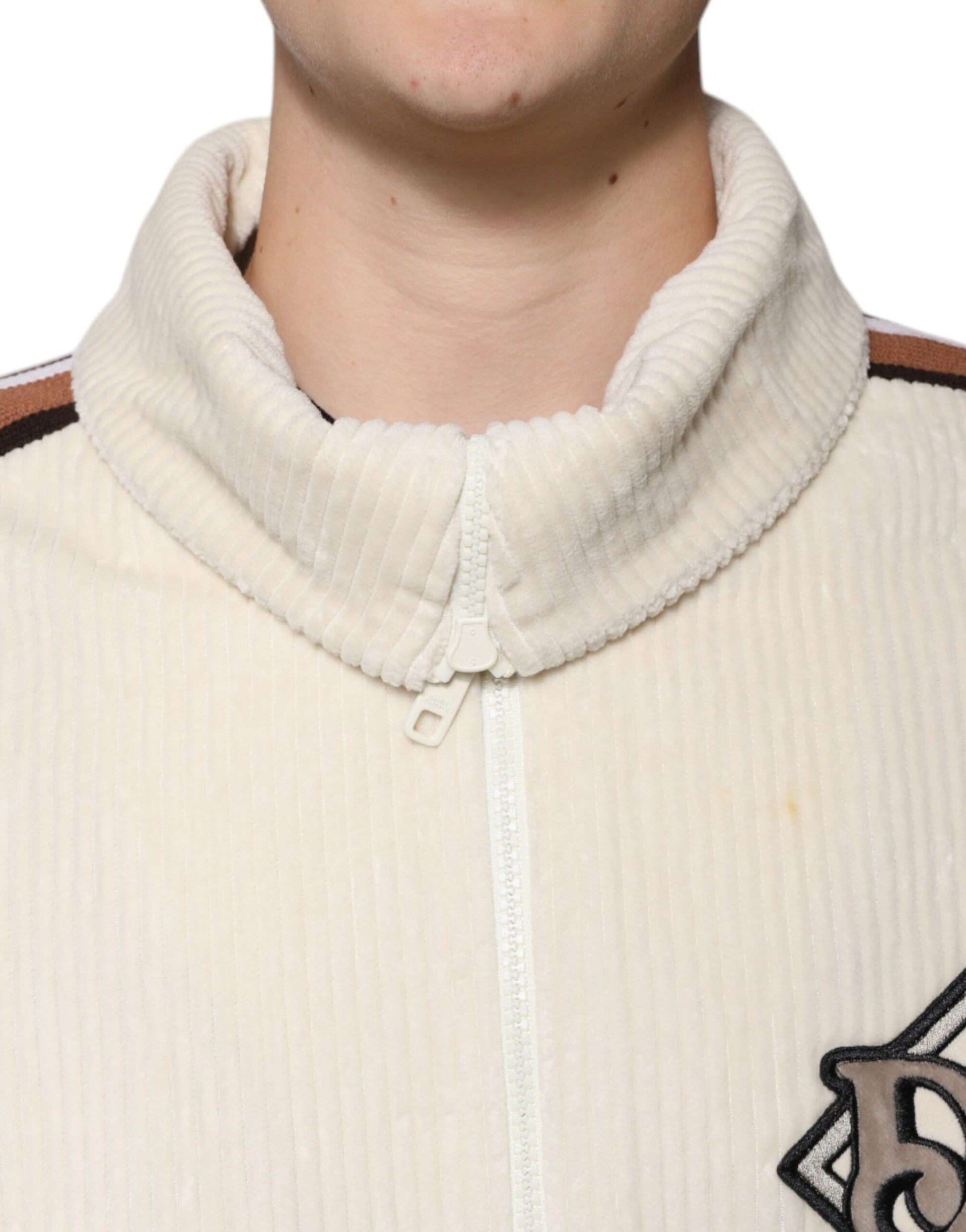 Dolce &amp; Gabbana Beige Baumwollcordjacke mit durchgehendem Reißverschluss und Logo-Applikation