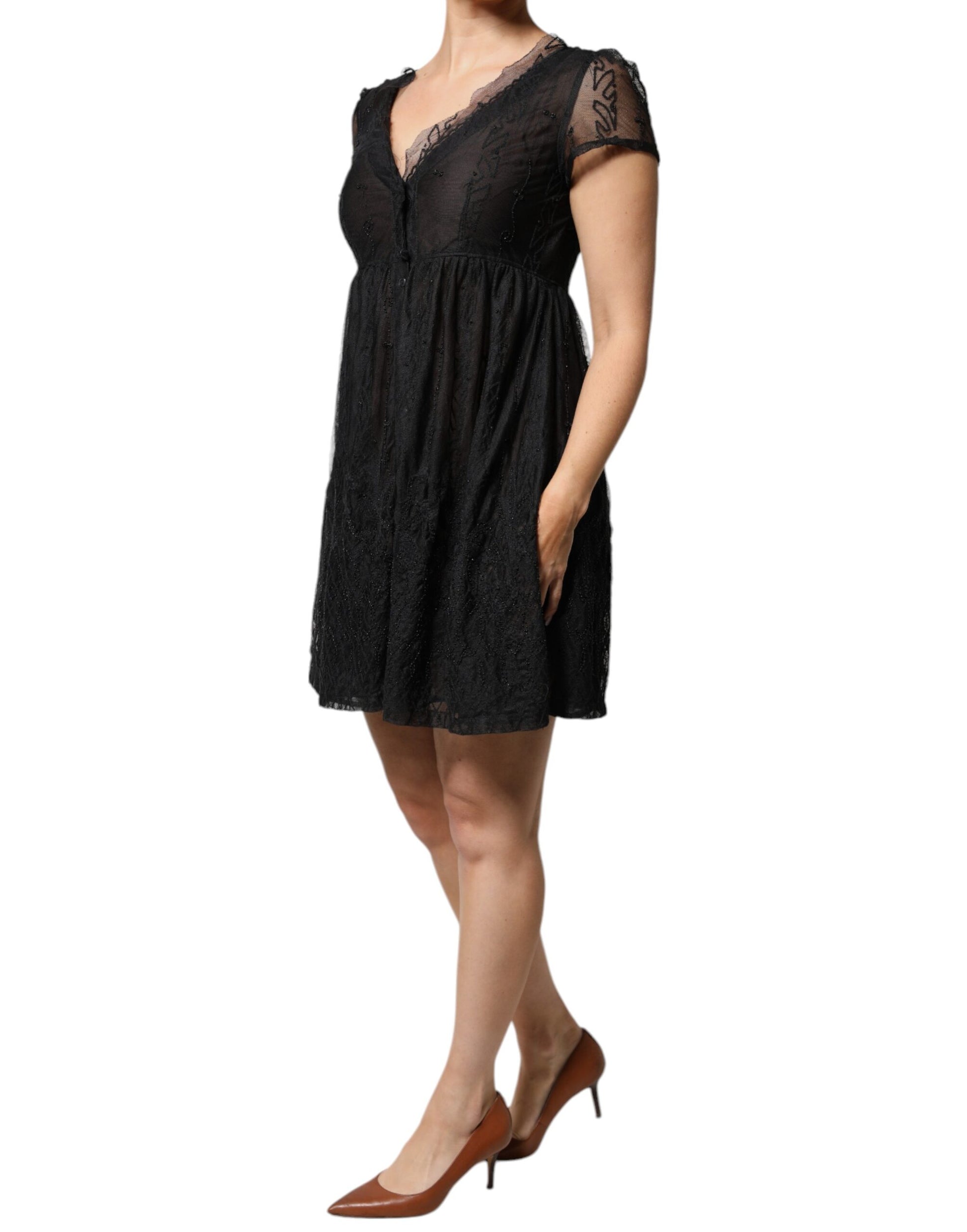 Blugirl – Schwarzes A-Linien-Minikleid mit floralem Spitzenbesatz und kurzen Ärmeln