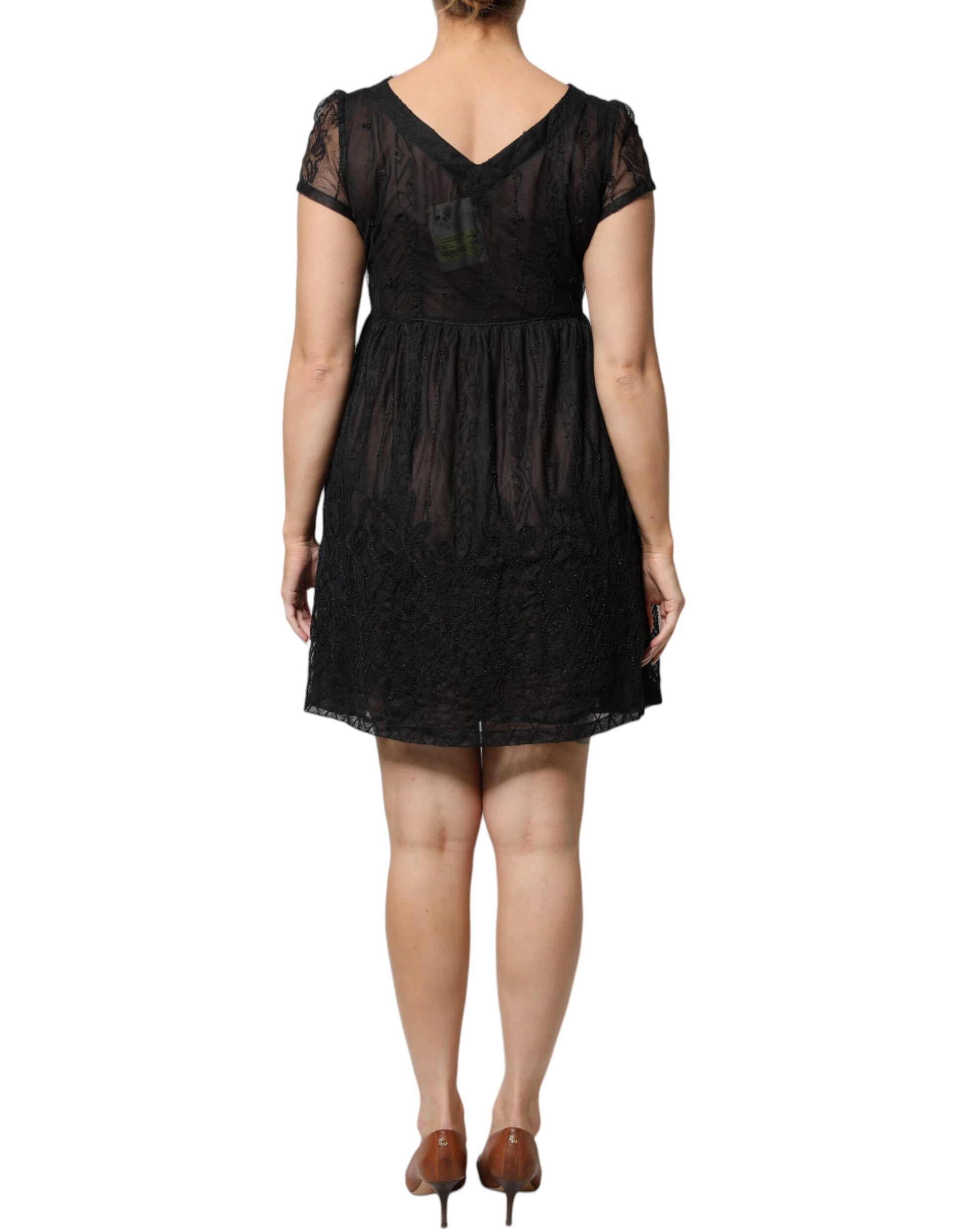 Blugirl – Schwarzes A-Linien-Minikleid mit floralem Spitzenbesatz und kurzen Ärmeln