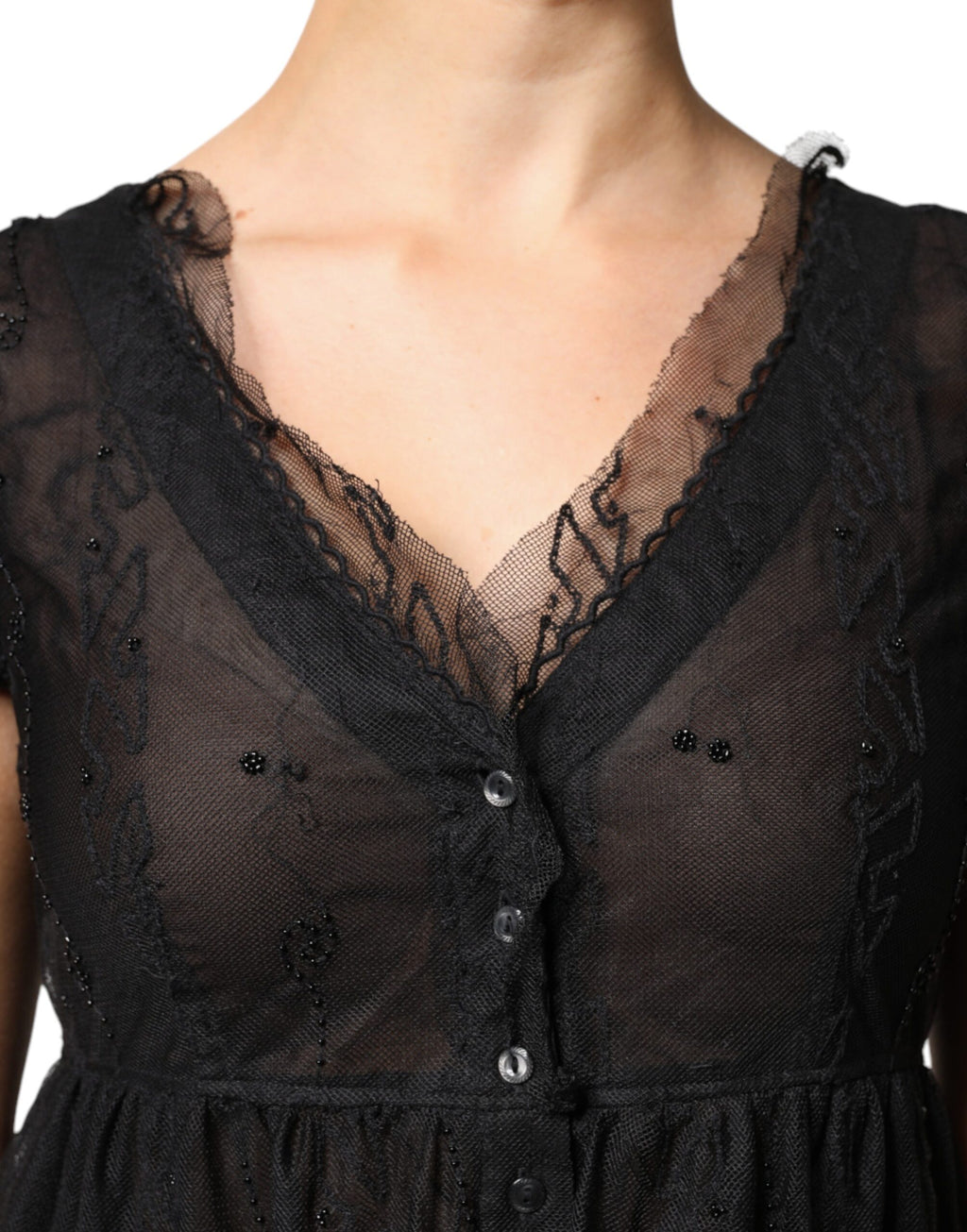 Blugirl – Schwarzes A-Linien-Minikleid mit floralem Spitzenbesatz und kurzen Ärmeln