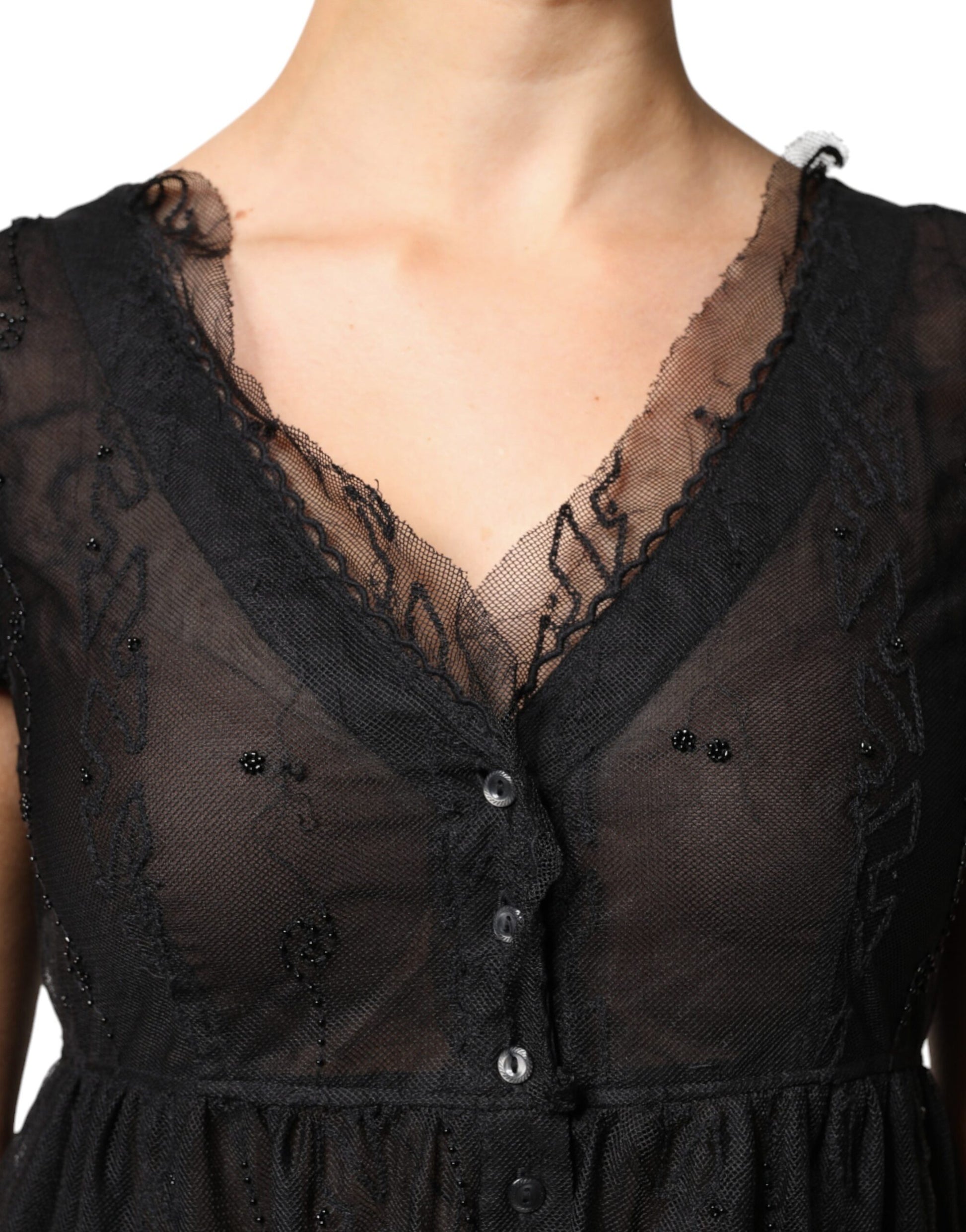 Blugirl – Schwarzes A-Linien-Minikleid mit floralem Spitzenbesatz und kurzen Ärmeln
