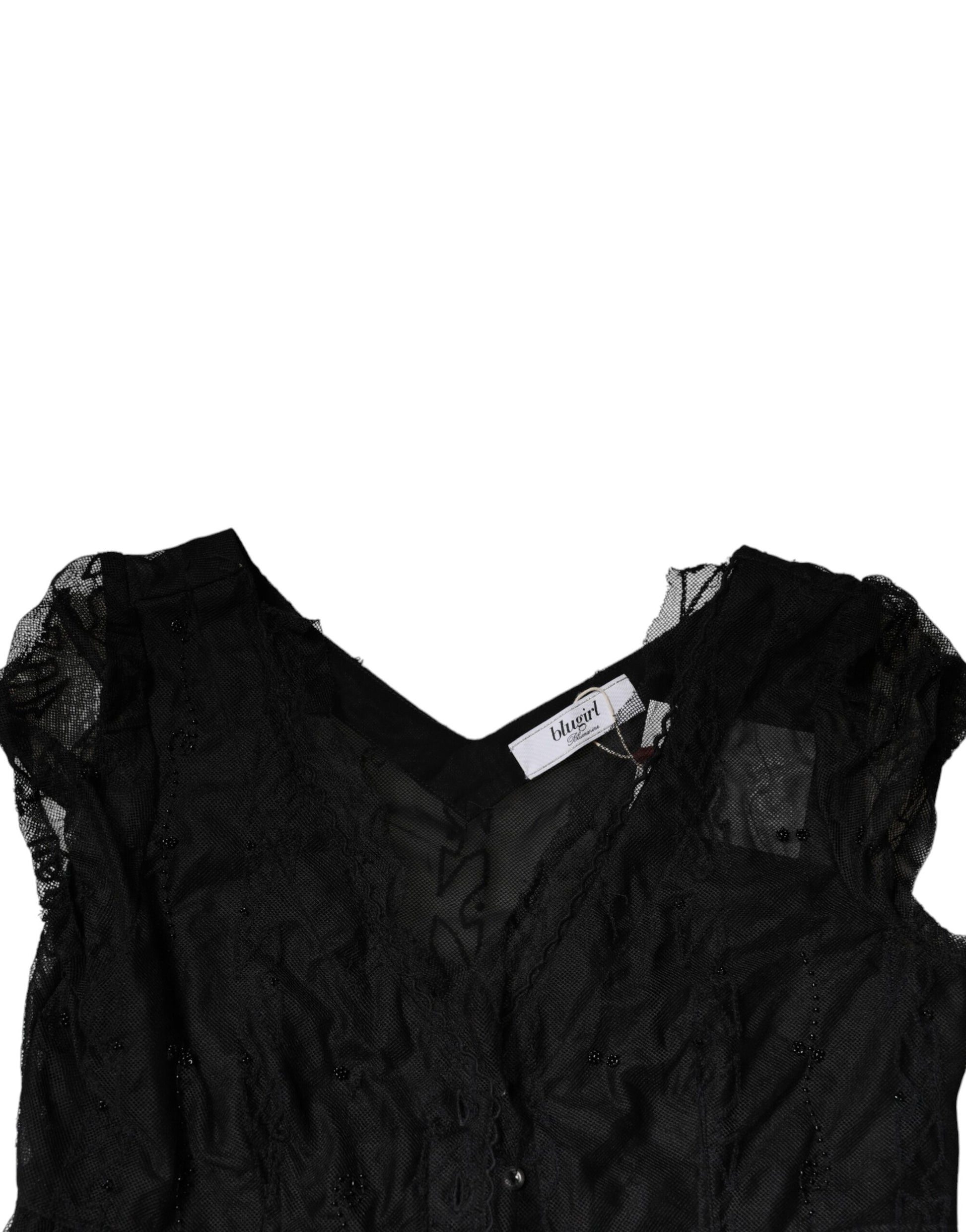 Blugirl – Schwarzes A-Linien-Minikleid mit floralem Spitzenbesatz und kurzen Ärmeln
