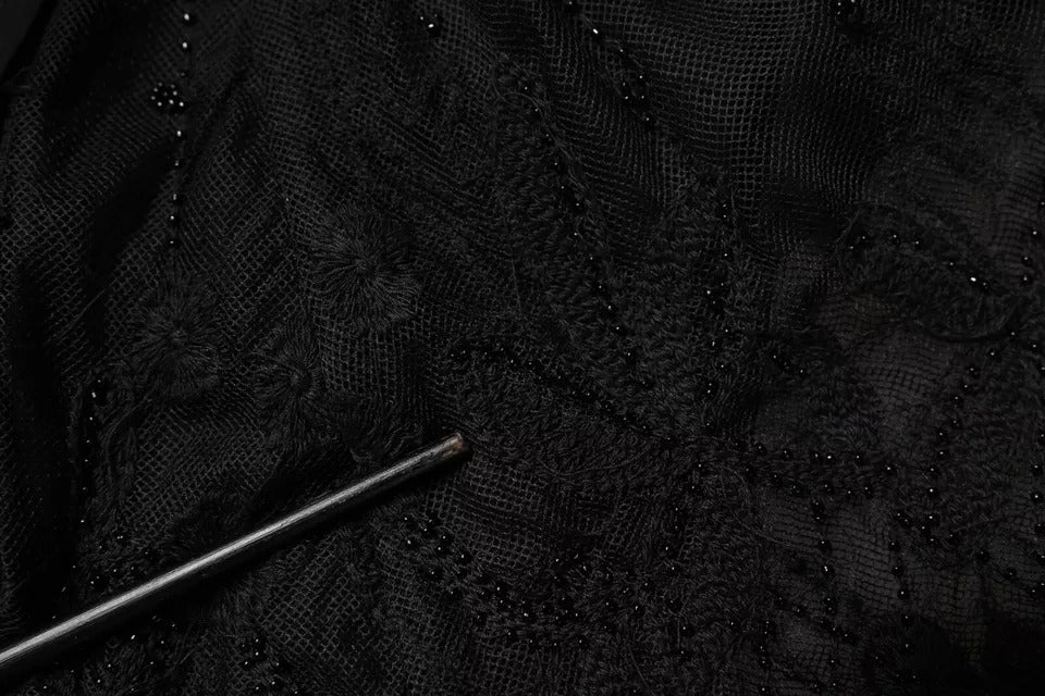 Blugirl – Schwarzes A-Linien-Minikleid mit floralem Spitzenbesatz und kurzen Ärmeln