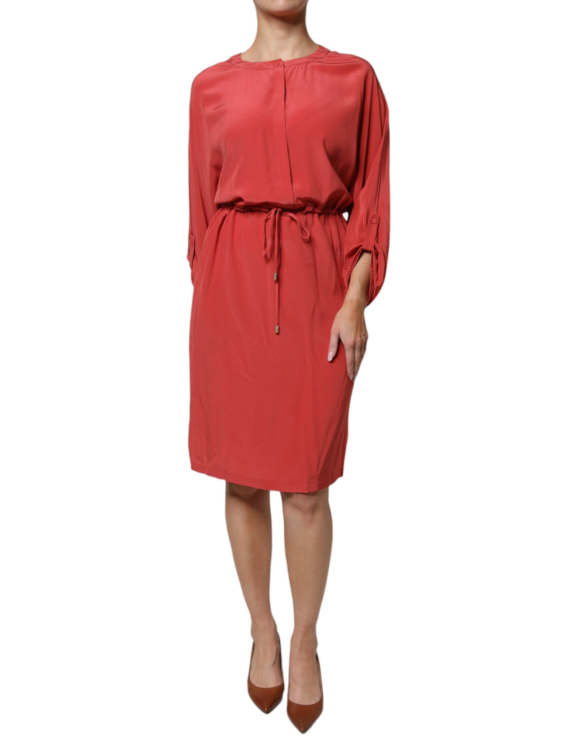 Peserico – Rotes, langärmliges Bleistiftkleid mit Kordelzug in der Taille