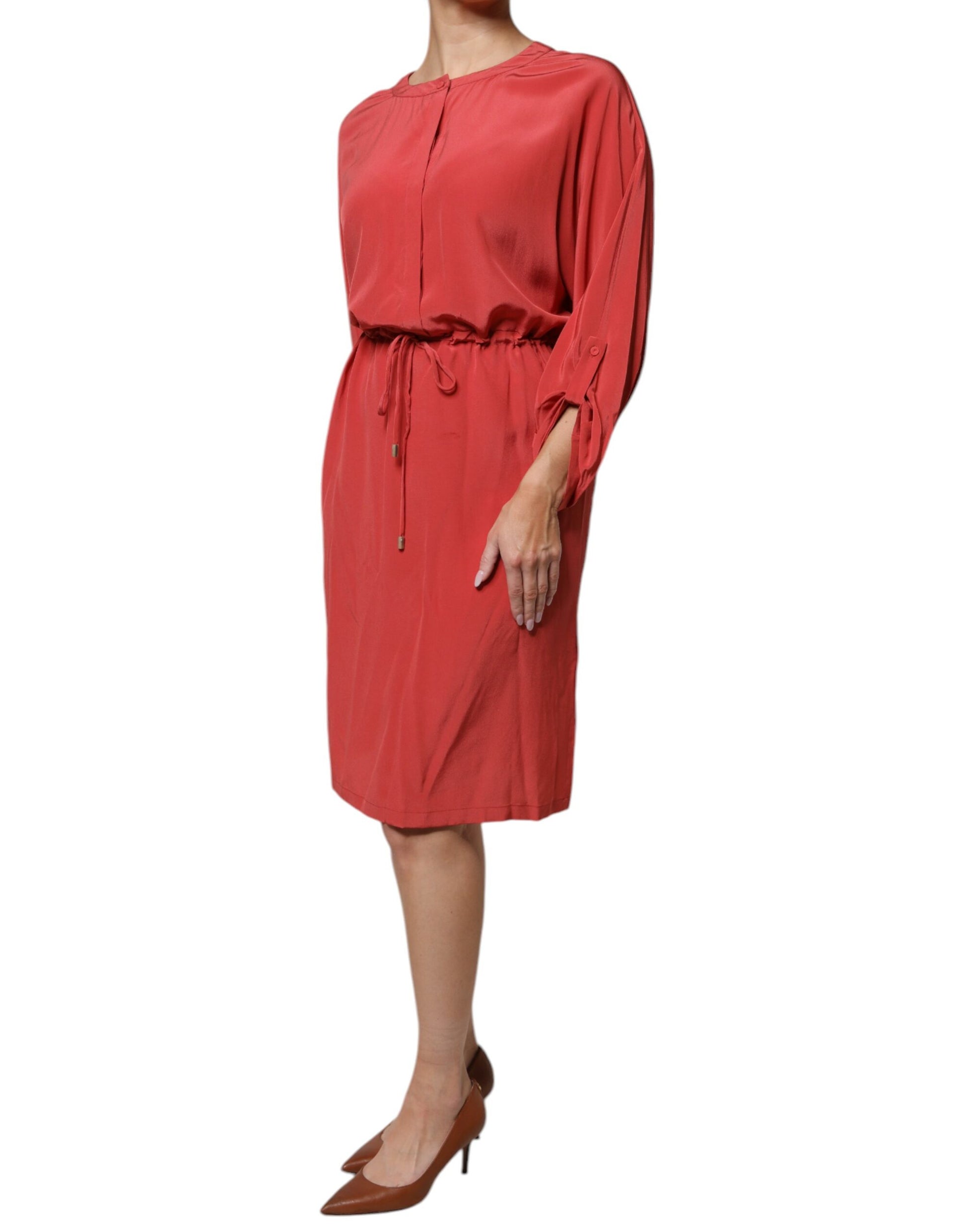 Peserico – Rotes, langärmliges Bleistiftkleid mit Kordelzug in der Taille