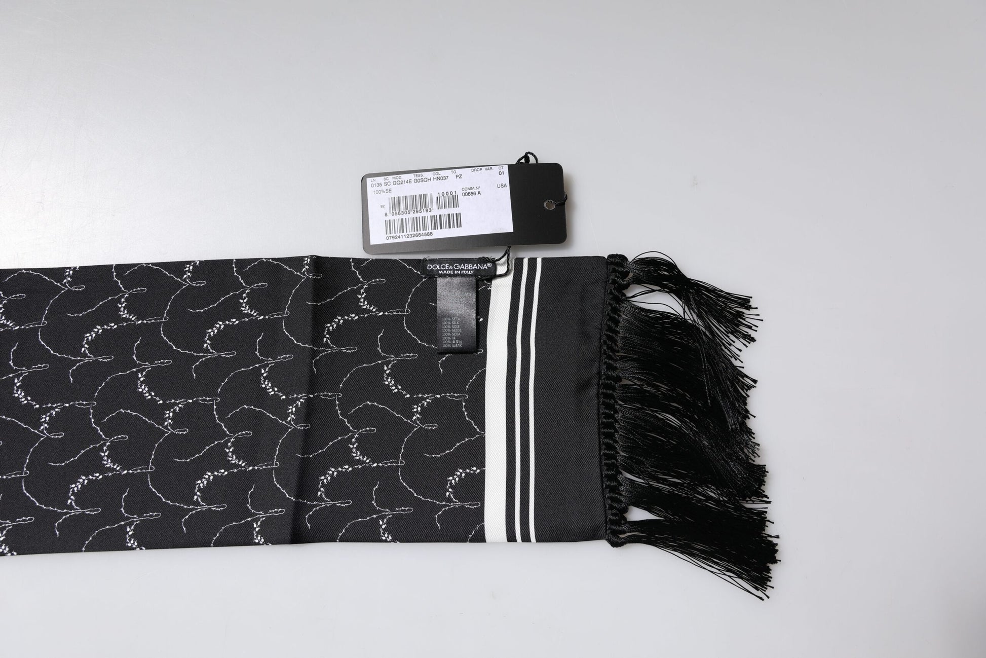 Dolce &amp; Gabbana – Schwarz gemusterter, schmaler Schal mit Fransen