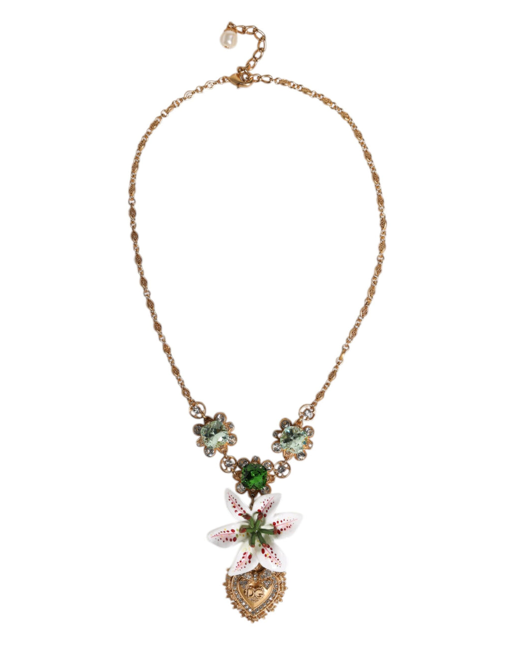 Dolce &amp; Gabbana Halskette mit Herz-Jesu-Anhänger aus goldenem Messing mit Lilien- und Kristall