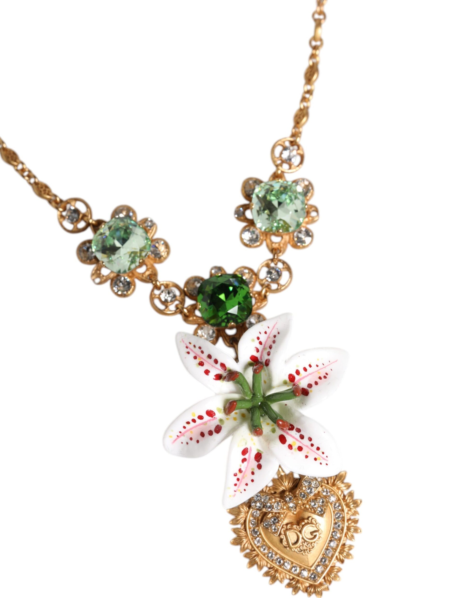 Dolce &amp; Gabbana Halskette mit Herz-Jesu-Anhänger aus goldenem Messing mit Lilien- und Kristall