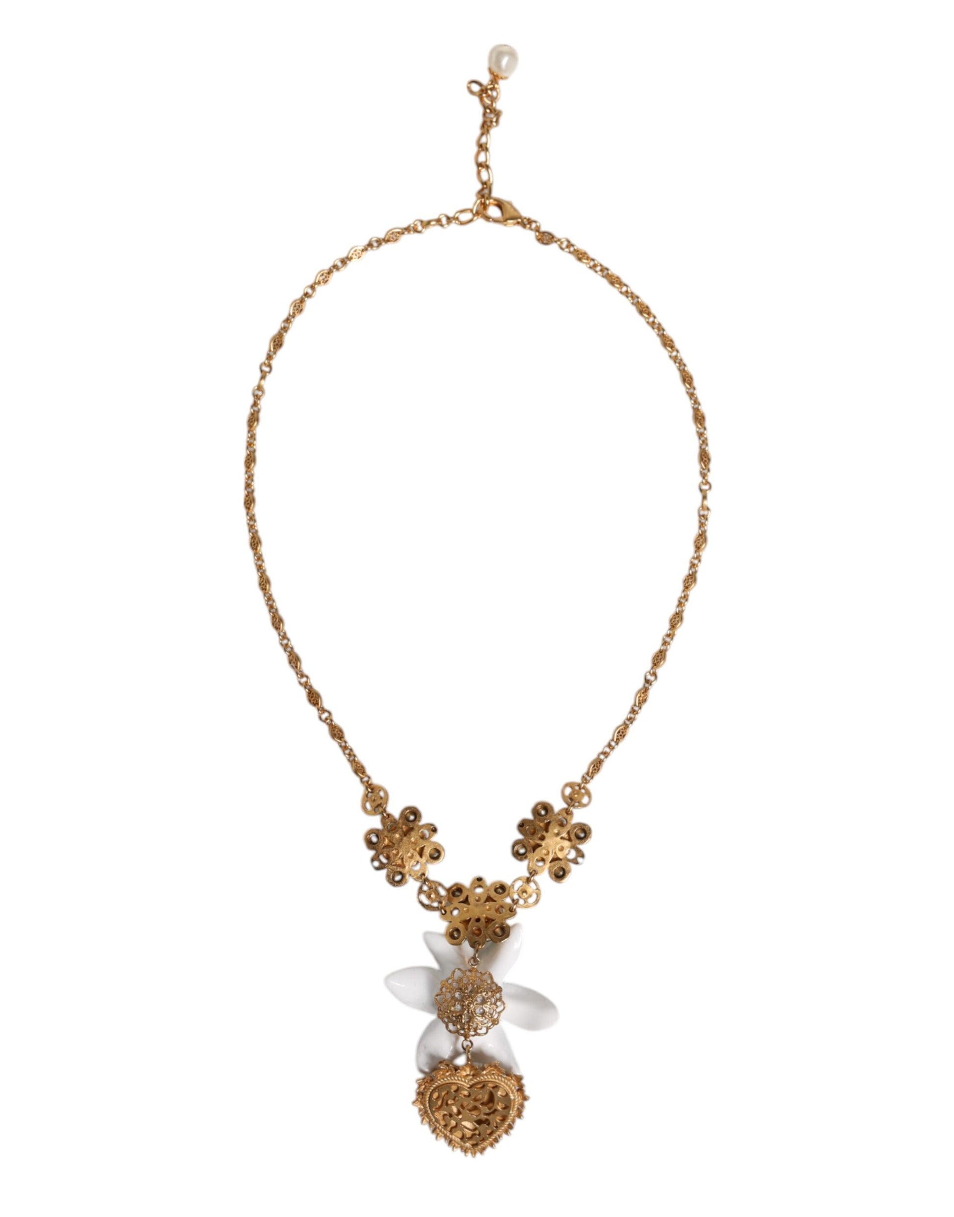 Dolce &amp; Gabbana Halskette mit Herz-Jesu-Anhänger aus goldenem Messing mit Lilien- und Kristall