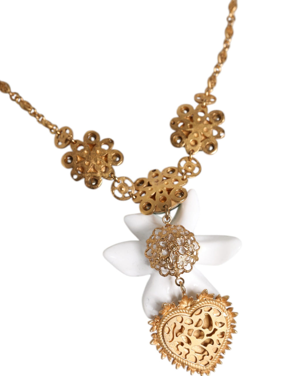 Dolce &amp; Gabbana Halskette mit Herz-Jesu-Anhänger aus goldenem Messing mit Lilien- und Kristall