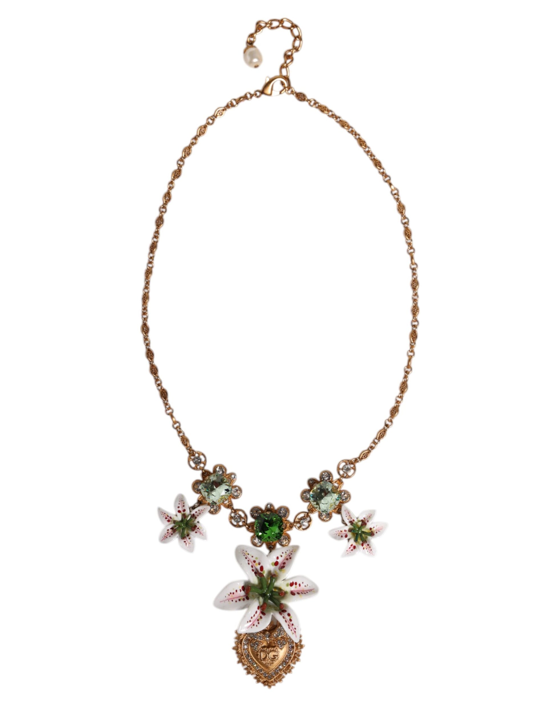 Dolce &amp; Gabbana Halskette mit Herz-Jesu-Anhänger aus goldenem Messing mit Lilien- und Kristall