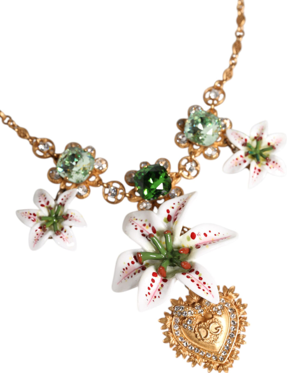 Dolce &amp; Gabbana Halskette mit Herz-Jesu-Anhänger aus goldenem Messing mit Lilien- und Kristall
