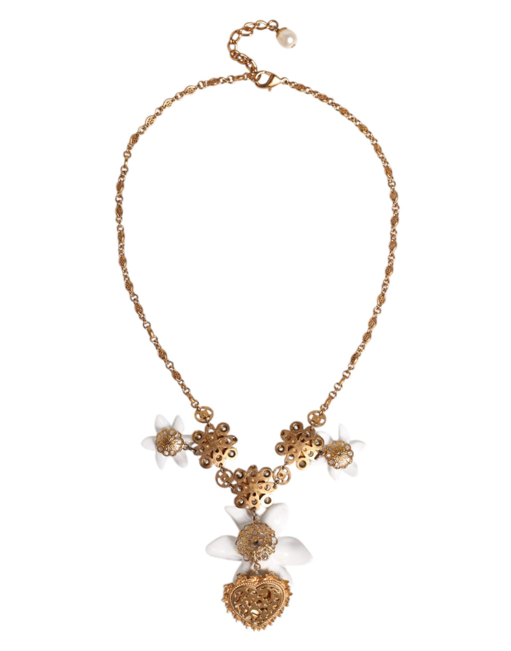 Dolce &amp; Gabbana Halskette mit Herz-Jesu-Anhänger aus goldenem Messing mit Lilien- und Kristall
