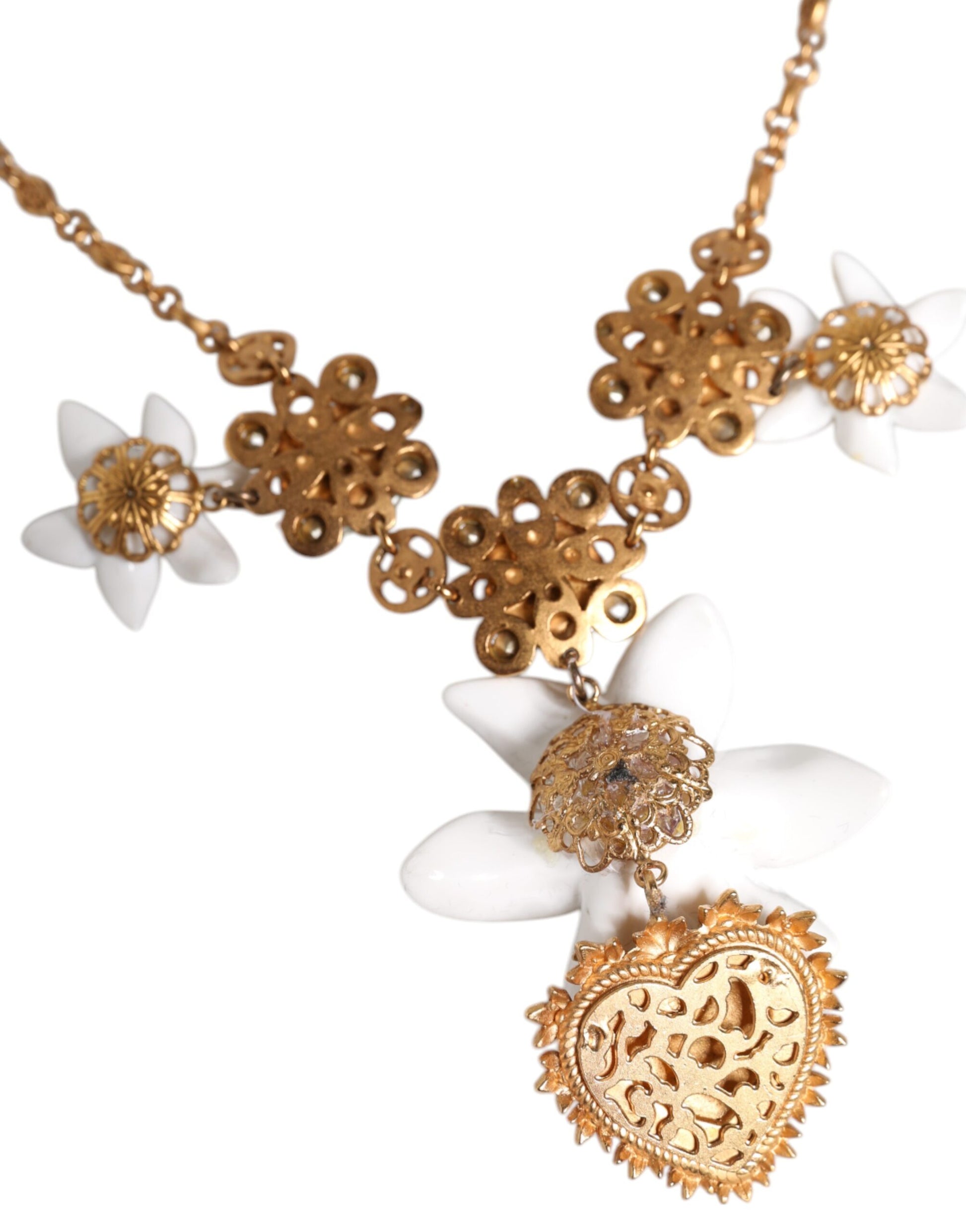Dolce &amp; Gabbana Halskette mit Herz-Jesu-Anhänger aus goldenem Messing mit Lilien- und Kristall