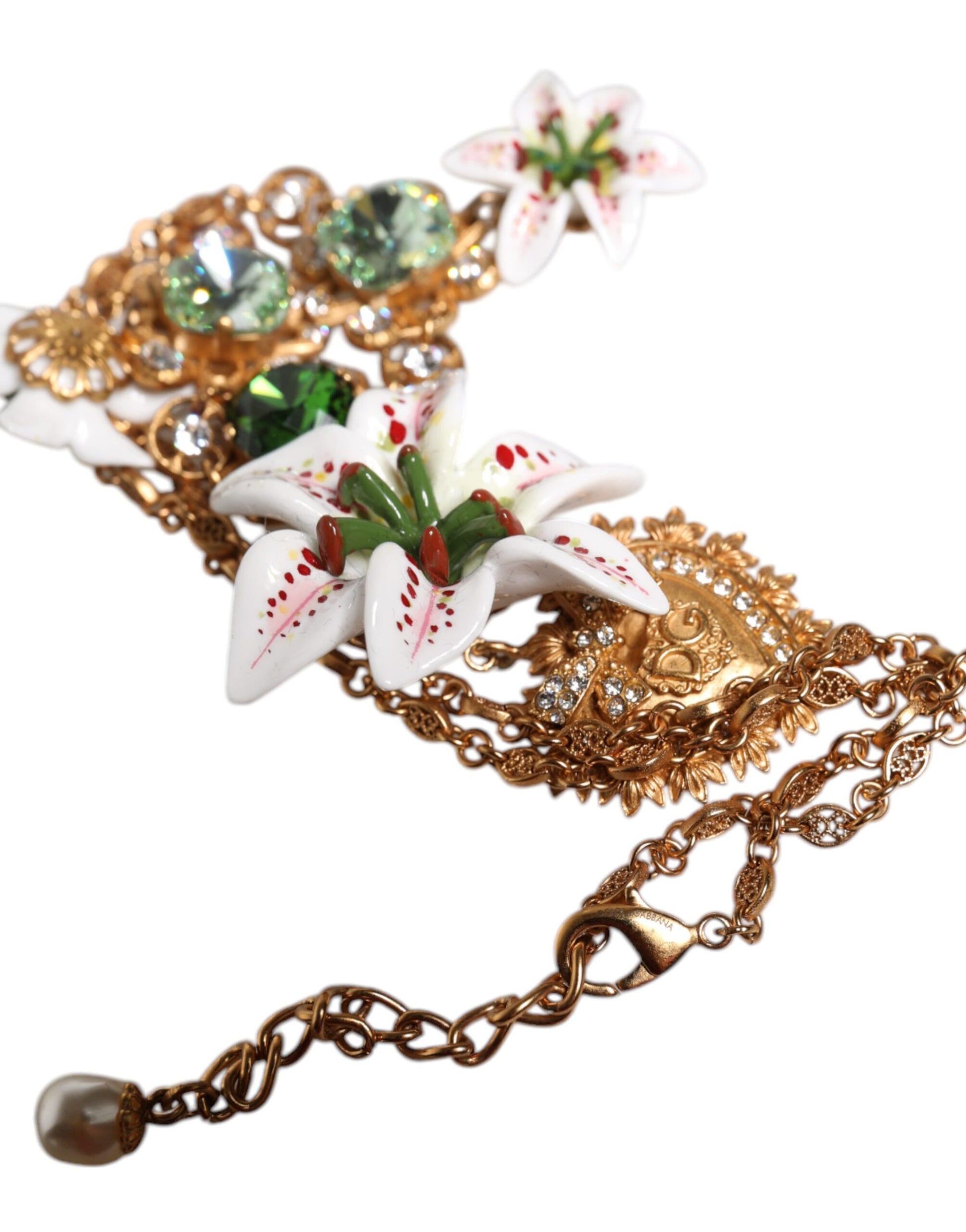 Dolce &amp; Gabbana Halskette mit Herz-Jesu-Anhänger aus goldenem Messing mit Lilien- und Kristall